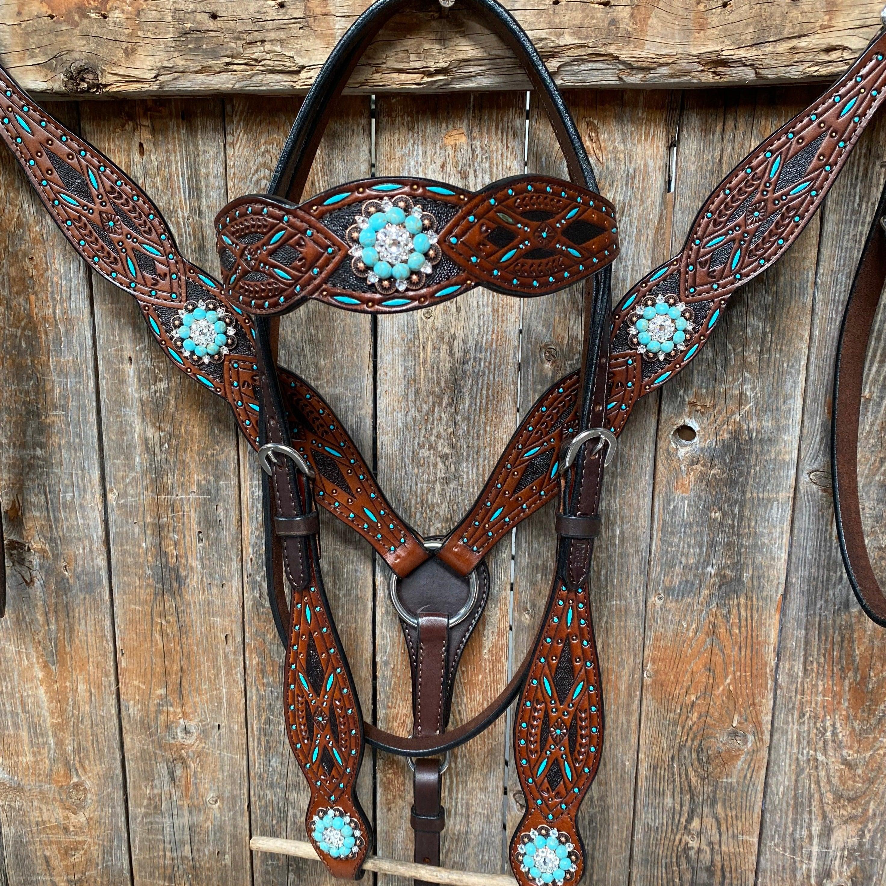 Hand Painted Two Tone Clear/Turquoise Browband / One Ear / Breastcollar #BBBC507 - RODEO DRIVE