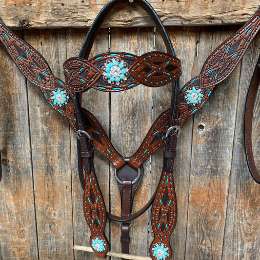 Hand Painted Two Tone Clear/Turquoise Browband / One Ear / Breastcollar #BBBC507 - RODEO DRIVE