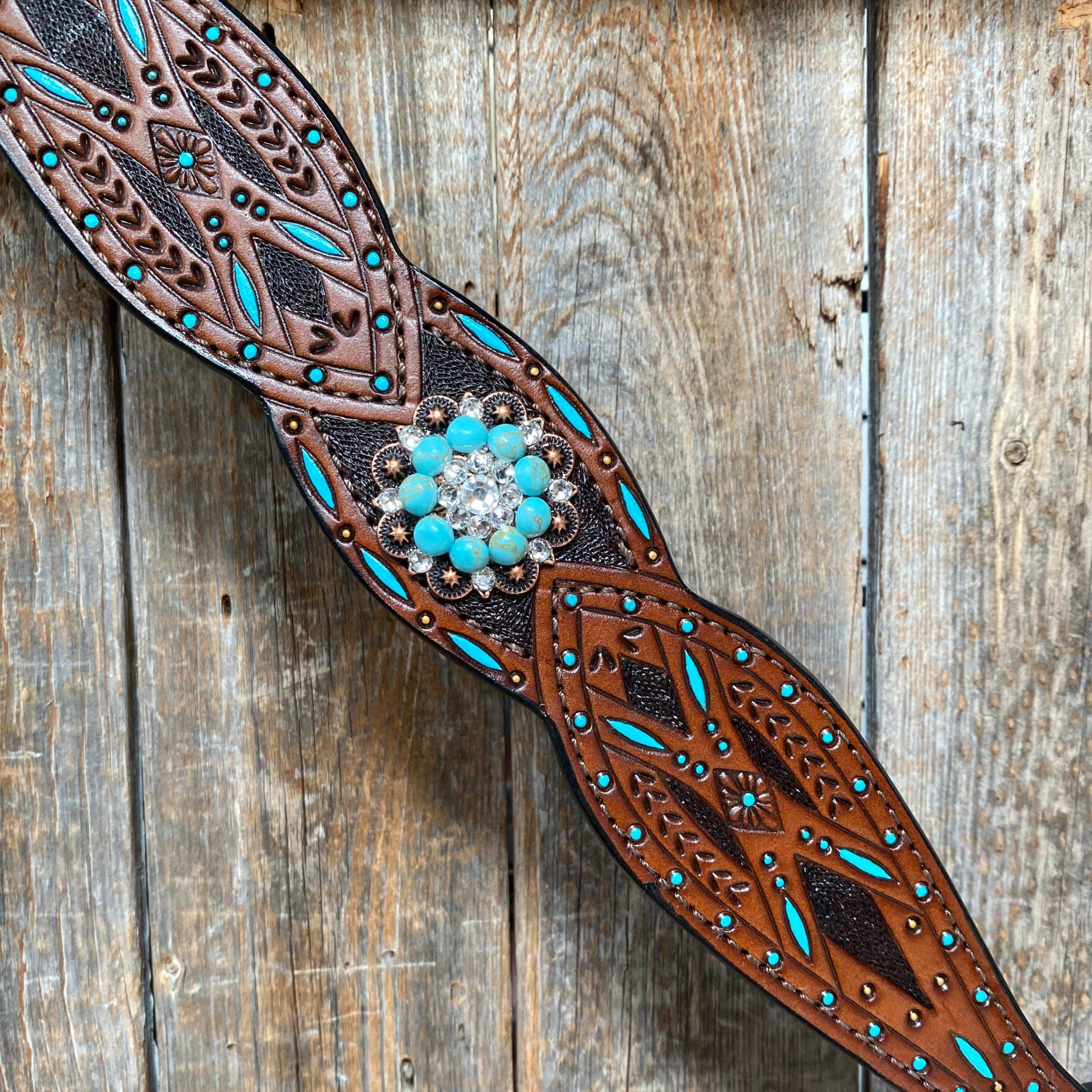 Hand Painted Two Tone Clear/Turquoise Browband / One Ear / Breastcollar #BBBC507 - RODEO DRIVE