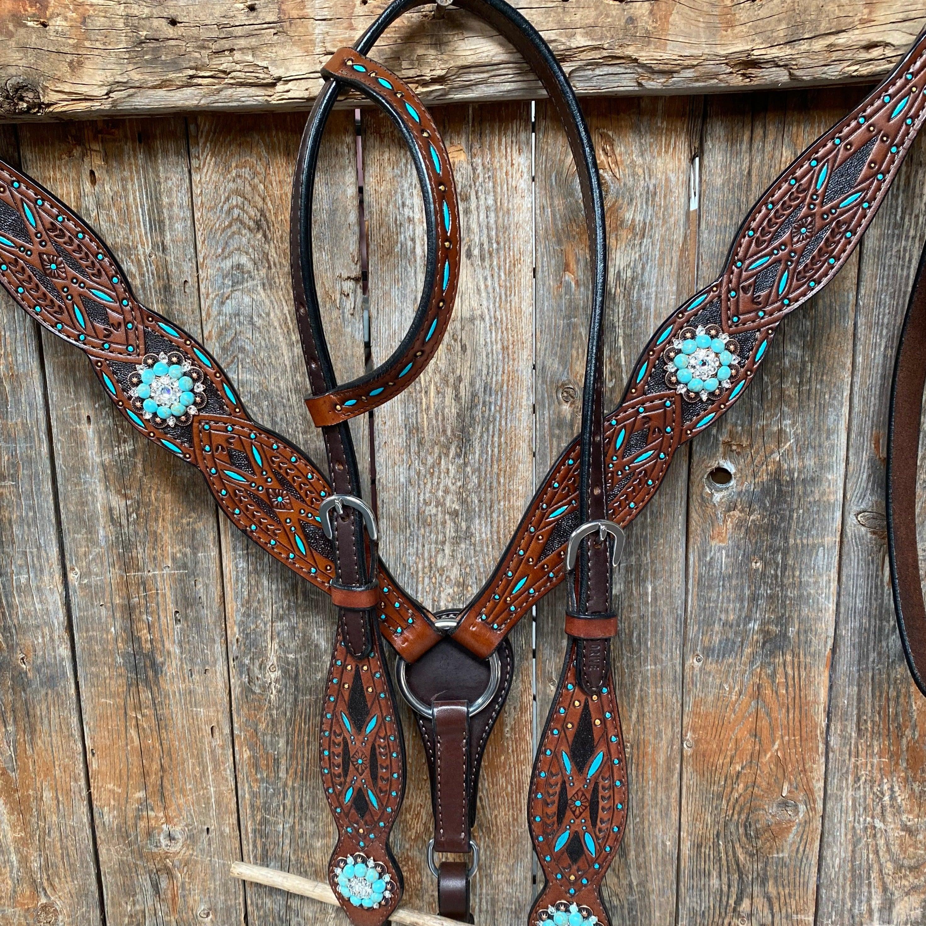 Hand Painted Two Tone Clear/Turquoise Browband / One Ear / Breastcollar #BBBC507 - RODEO DRIVE