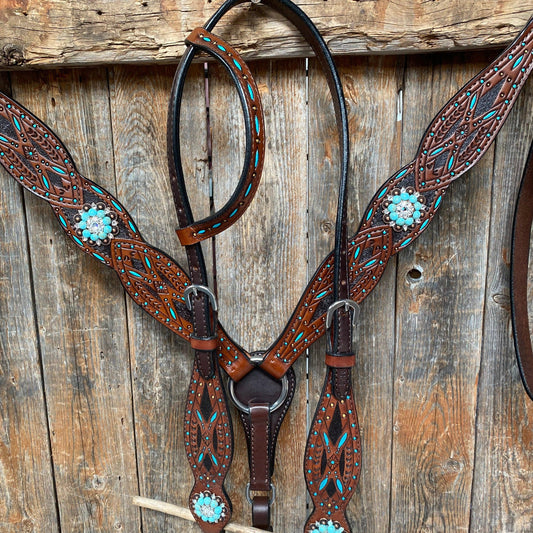 Hand Painted Two Tone Clear/Turquoise Browband / One Ear / Breastcollar #BBBC507 - RODEO DRIVE