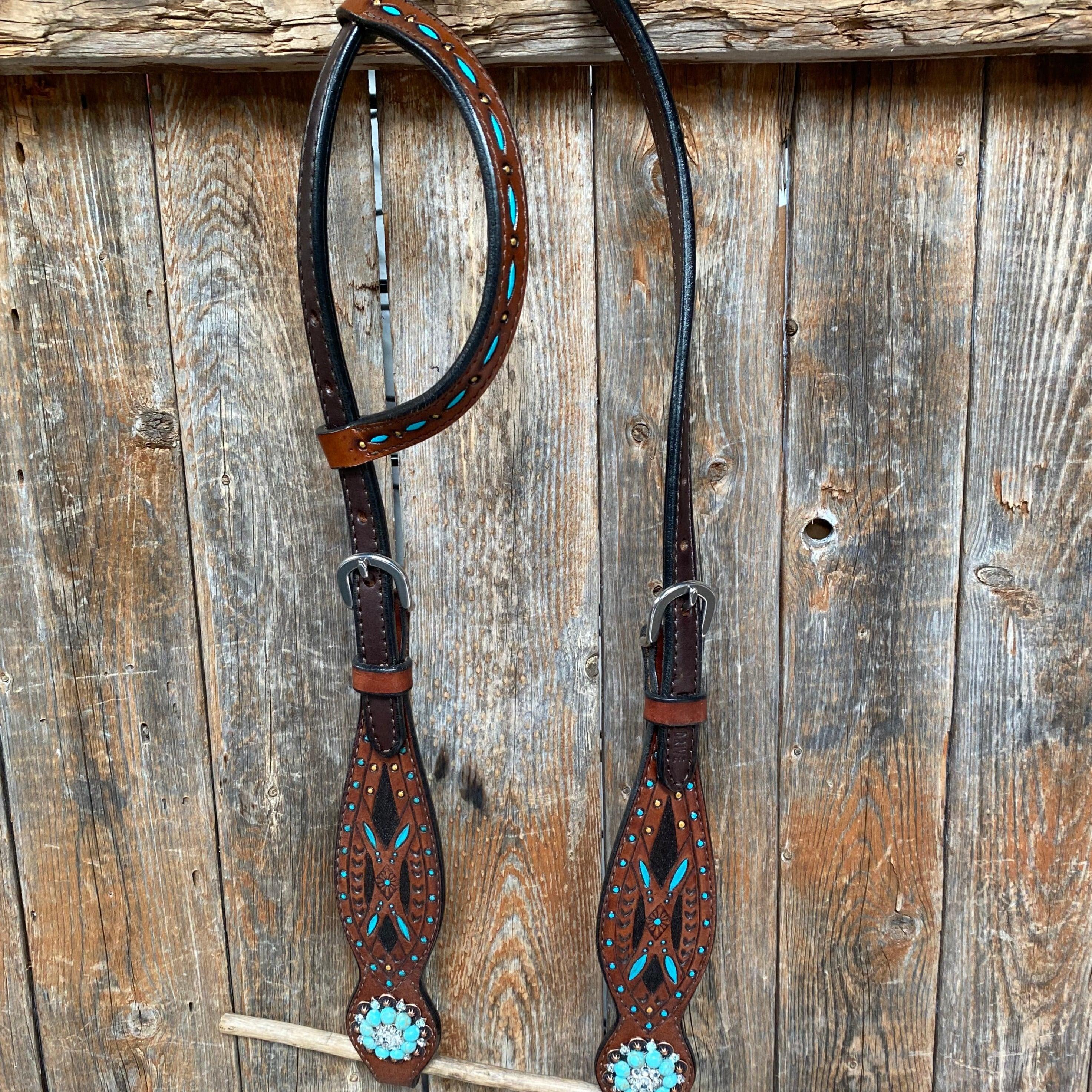Hand Painted Two Tone Clear/Turquoise Browband / One Ear / Breastcollar #BBBC507 - RODEO DRIVE