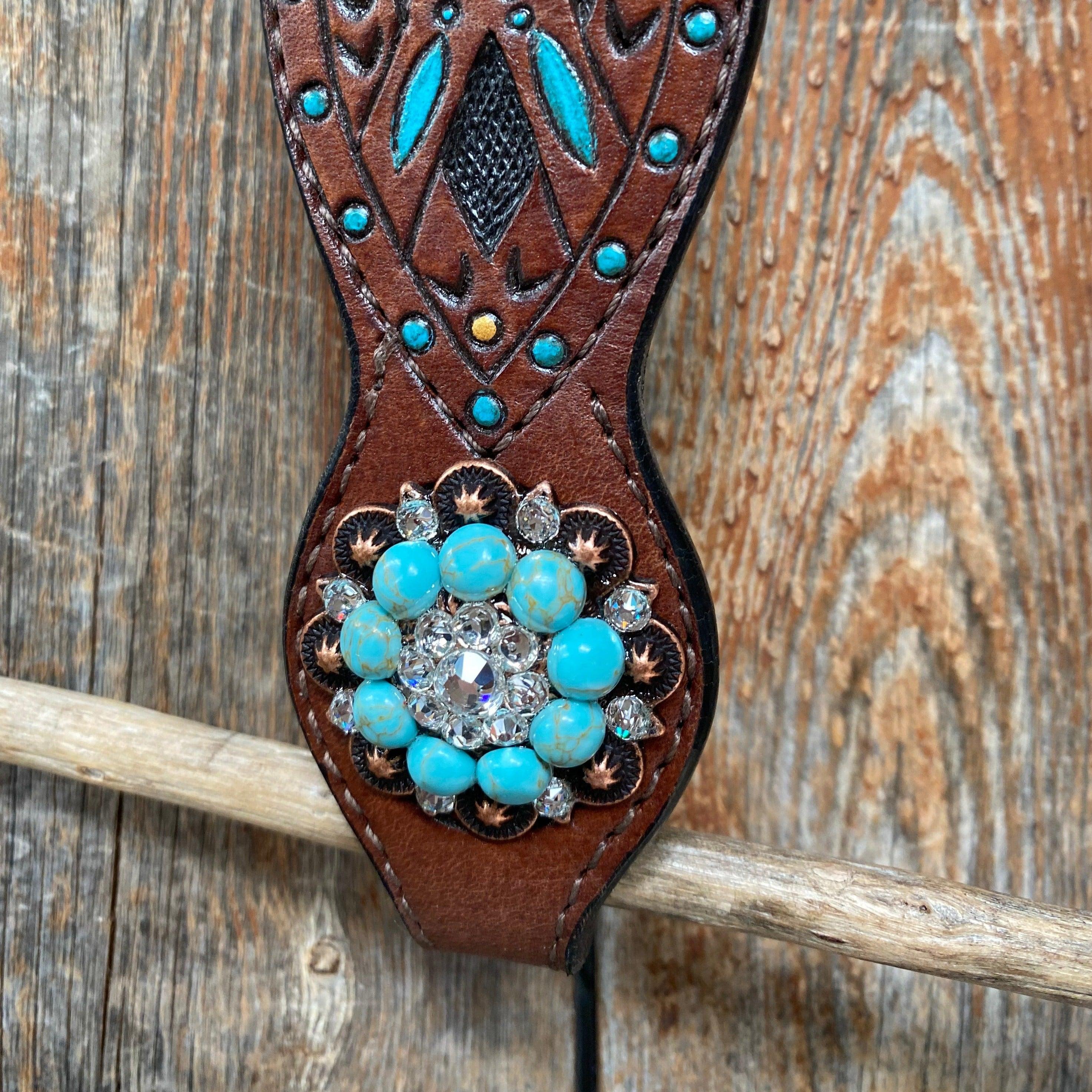 Hand Painted Two Tone Clear/Turquoise Browband / One Ear / Breastcollar #BBBC507 - RODEO DRIVE