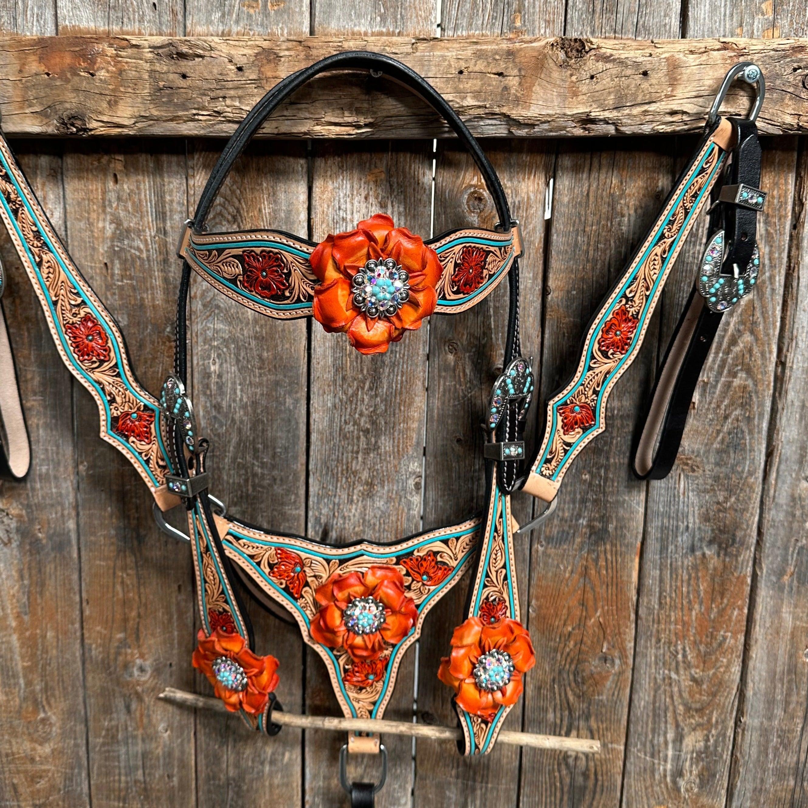 Teal Two Tone Orange and Turquoise Browband/ Breastcollar #BBBC521 - RODEO DRIVE