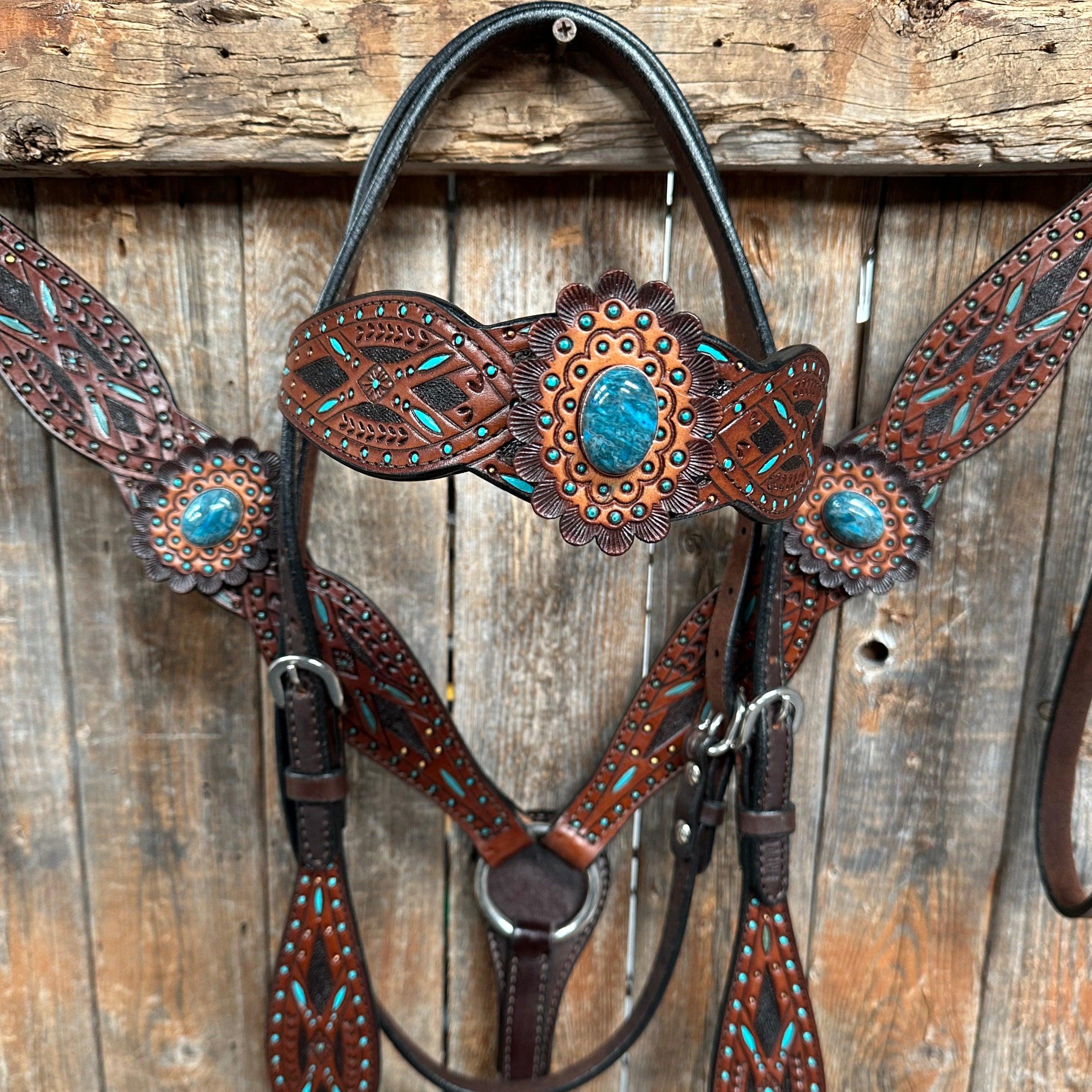 Dark Oil Hand Painted Blue Rosettes Browband/ Breastcollar #BBBC522 - RODEO DRIVE