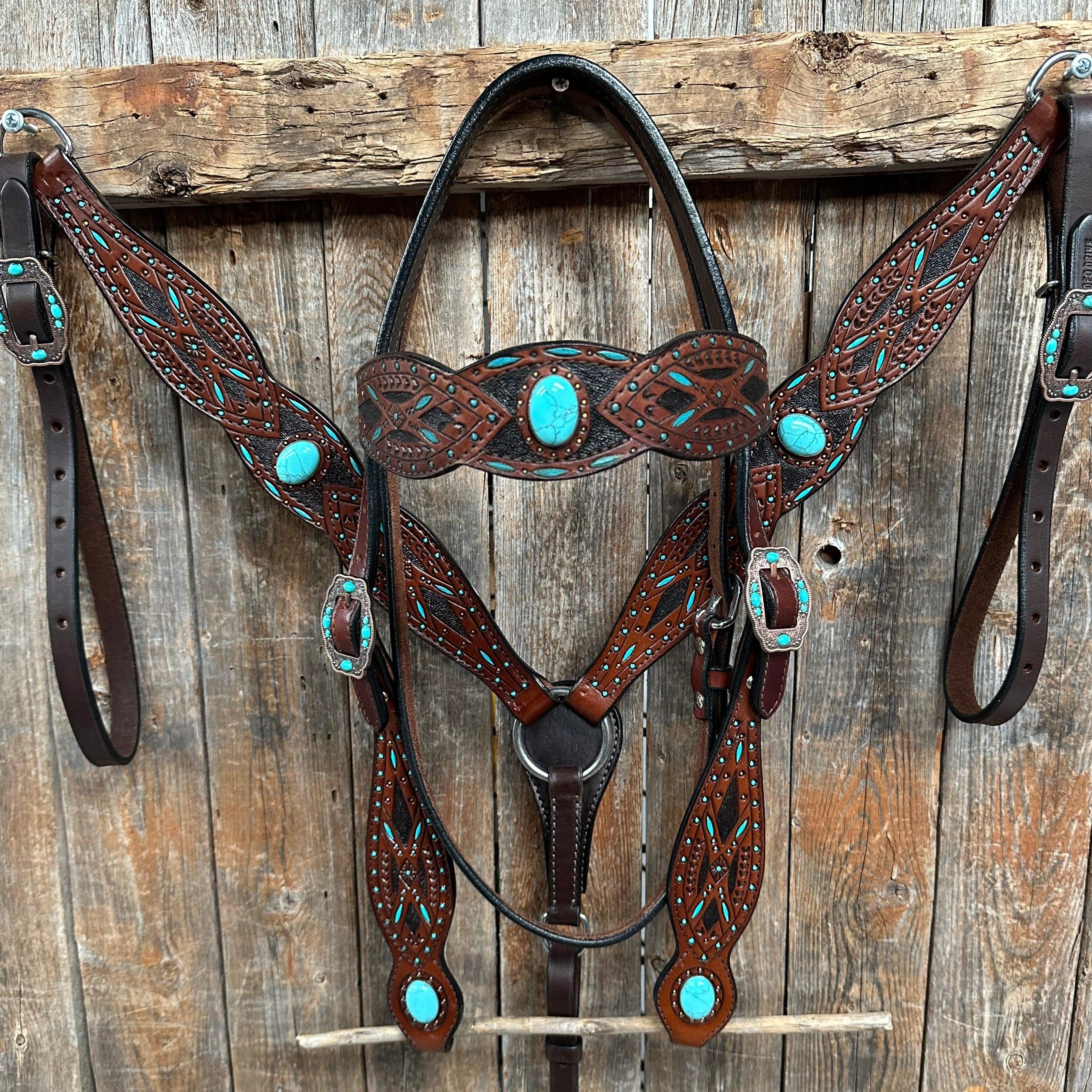 Dark Oil Hand Painted Turquoise Browband/ Breastcollar #BBBC524 - RODEO DRIVE