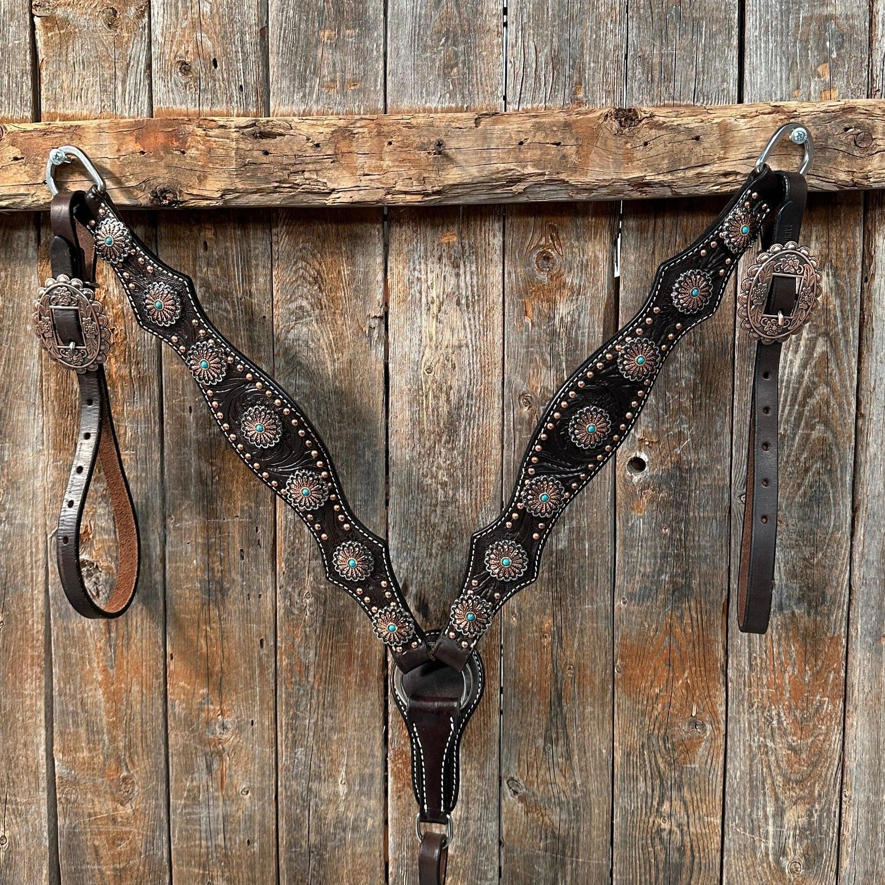Dark Oil Floral Copper Dot Antique Silver and Turquoise Browband / Breastcollar #BBBC535 - RODEO DRIVE