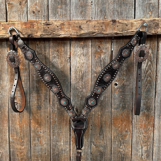 Dark Oil Floral Copper Dot Antique Silver and Turquoise Browband / Breastcollar #BBBC535 - RODEO DRIVE
