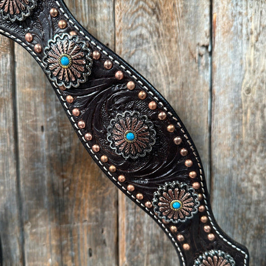 Dark Oil Floral Copper Dot Antique Silver and Turquoise Browband / Breastcollar #BBBC535 - RODEO DRIVE