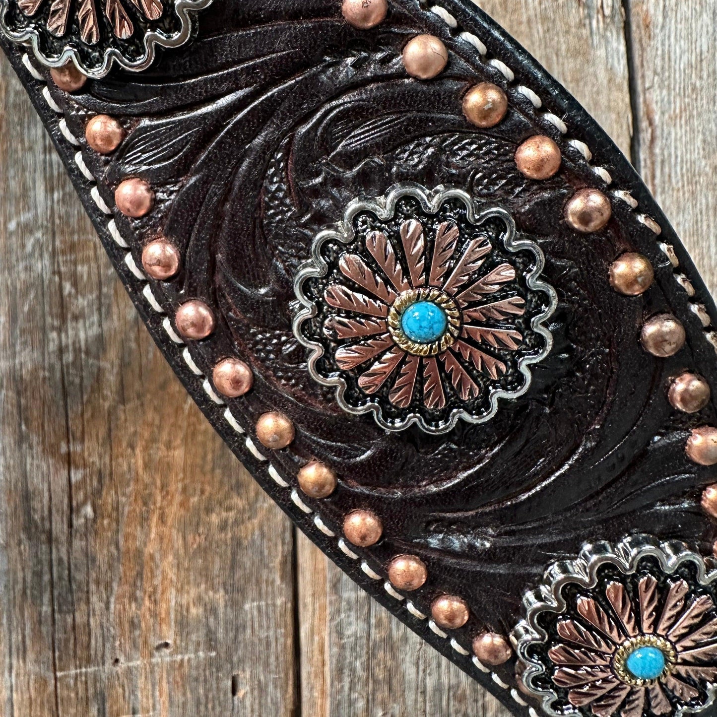 Dark Oil Floral Copper Dot Antique Silver and Turquoise Browband / Breastcollar #BBBC535 - RODEO DRIVE
