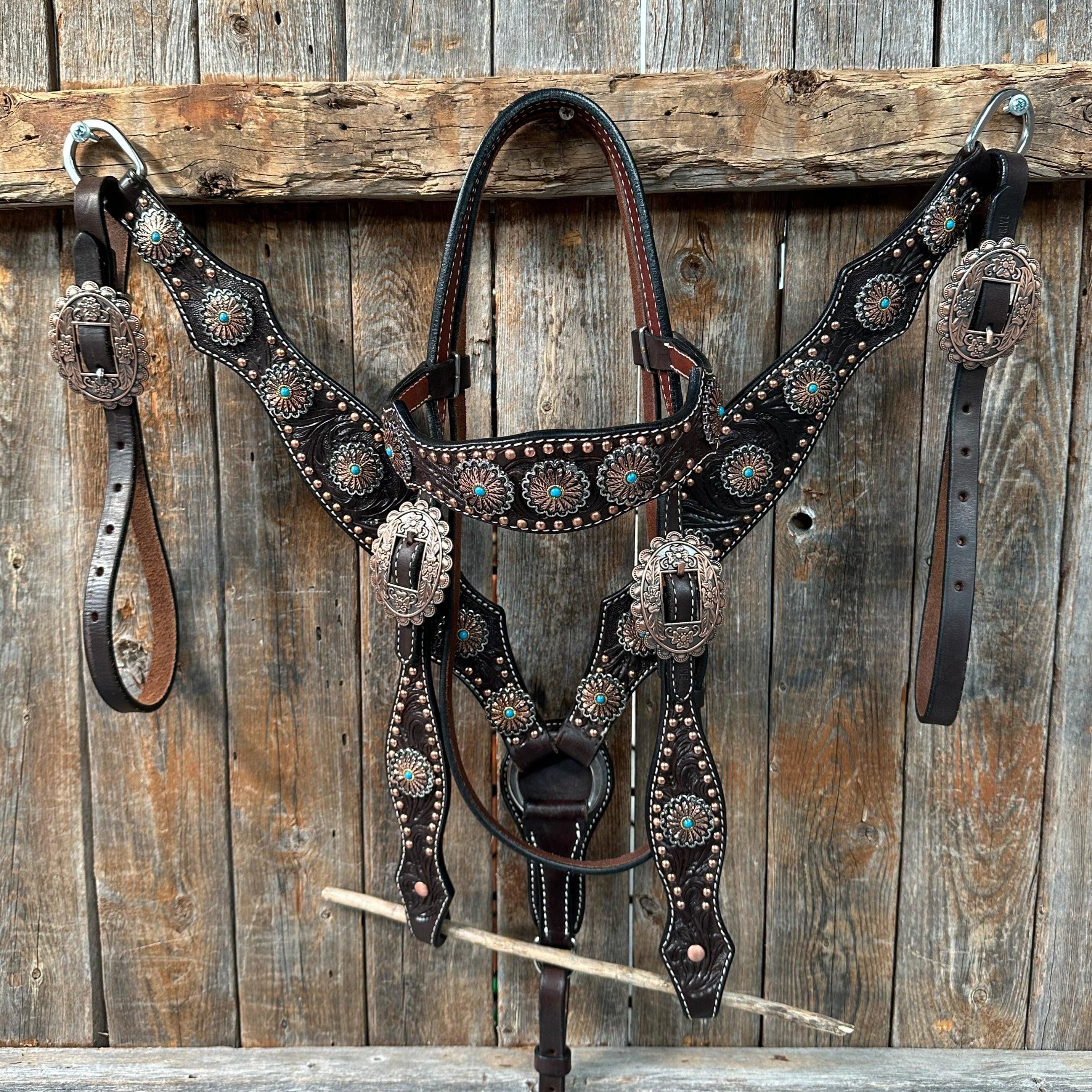 Dark Oil Floral Copper Dot Antique Silver and Turquoise Browband / Breastcollar #BBBC535 - RODEO DRIVE