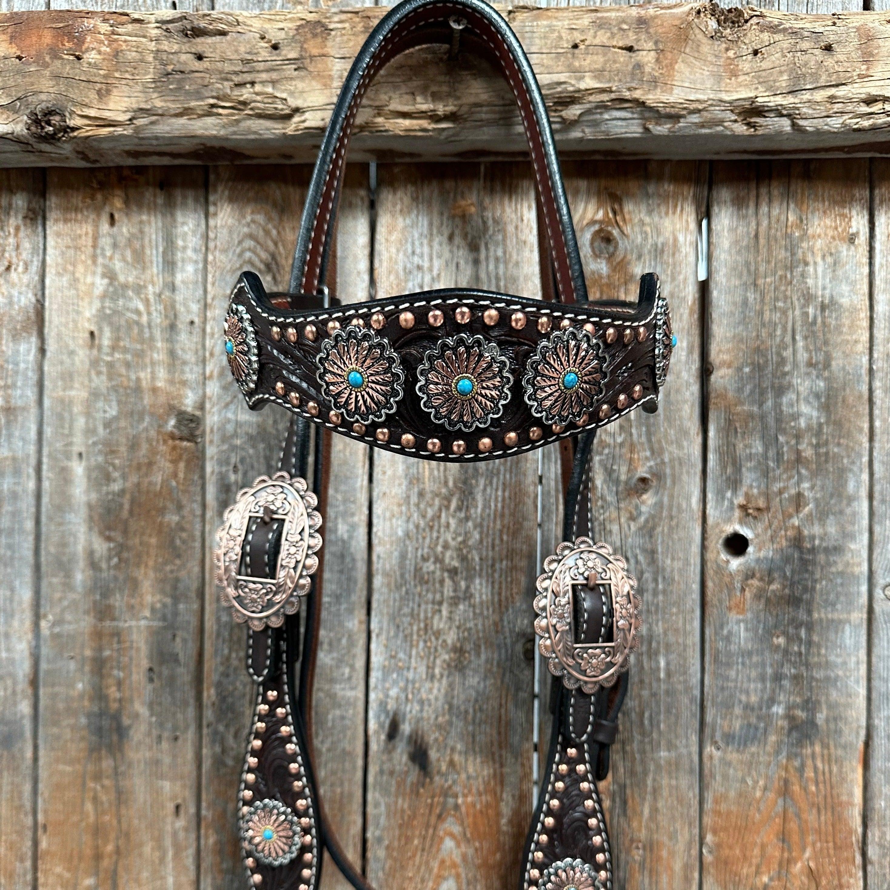 Dark Oil Floral Copper Dot Antique Silver and Turquoise Browband / Breastcollar #BBBC535 - RODEO DRIVE