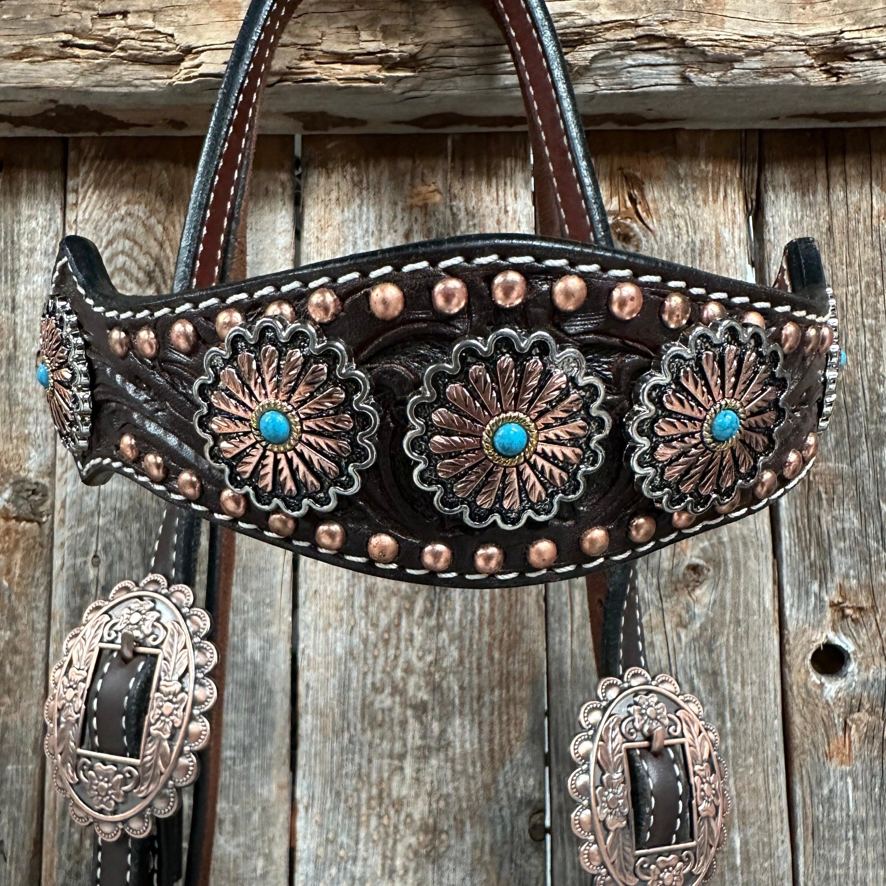 Dark Oil Floral Copper Dot Antique Silver and Turquoise Browband / Breastcollar #BBBC535 - RODEO DRIVE