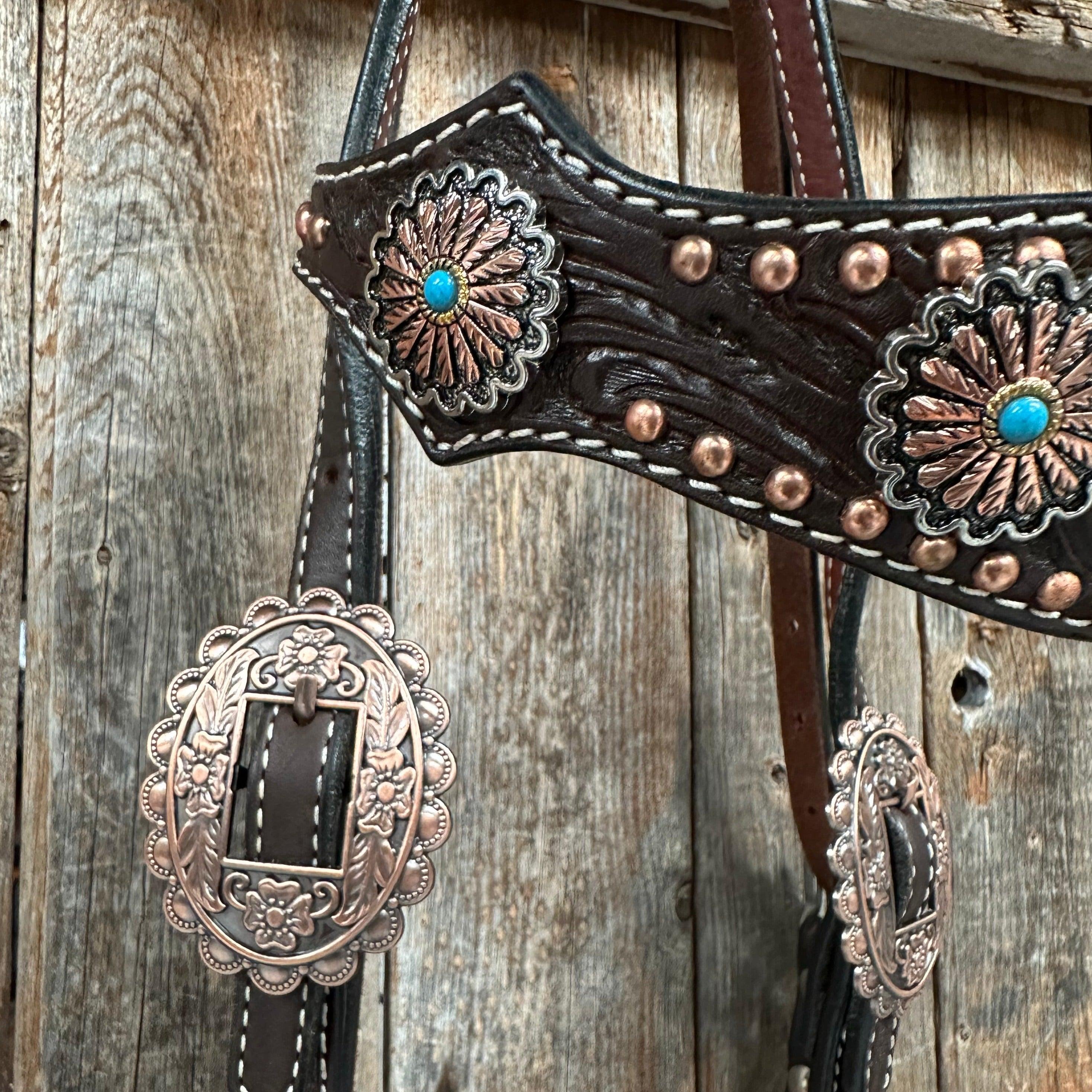 Dark Oil Floral Copper Dot Antique Silver and Turquoise Browband / Breastcollar #BBBC535 - RODEO DRIVE