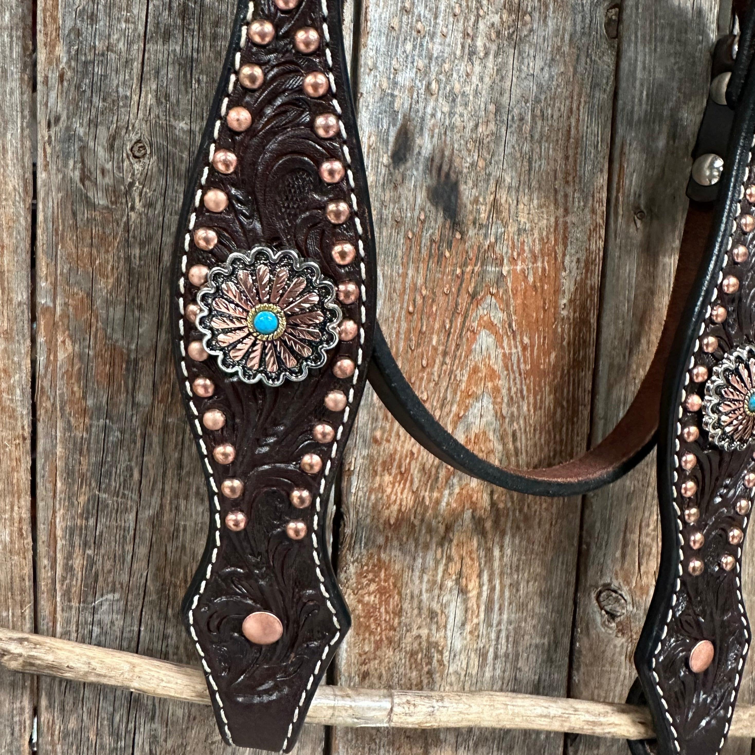 Dark Oil Floral Copper Dot Antique Silver and Turquoise Browband / Breastcollar #BBBC535 - RODEO DRIVE