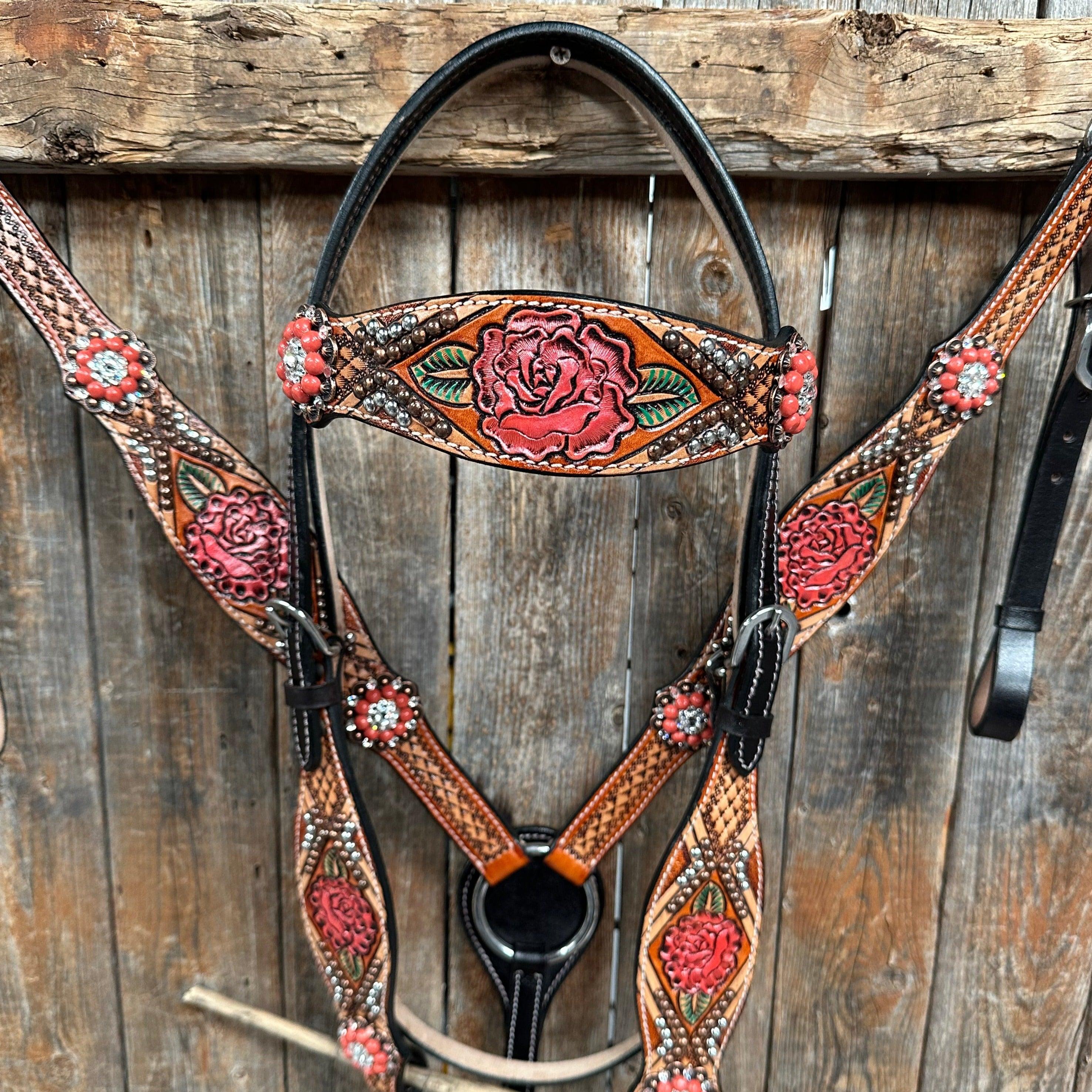 Rose Coral and Clear Browband/ Breastcollar #BBBC525 - RODEO DRIVE