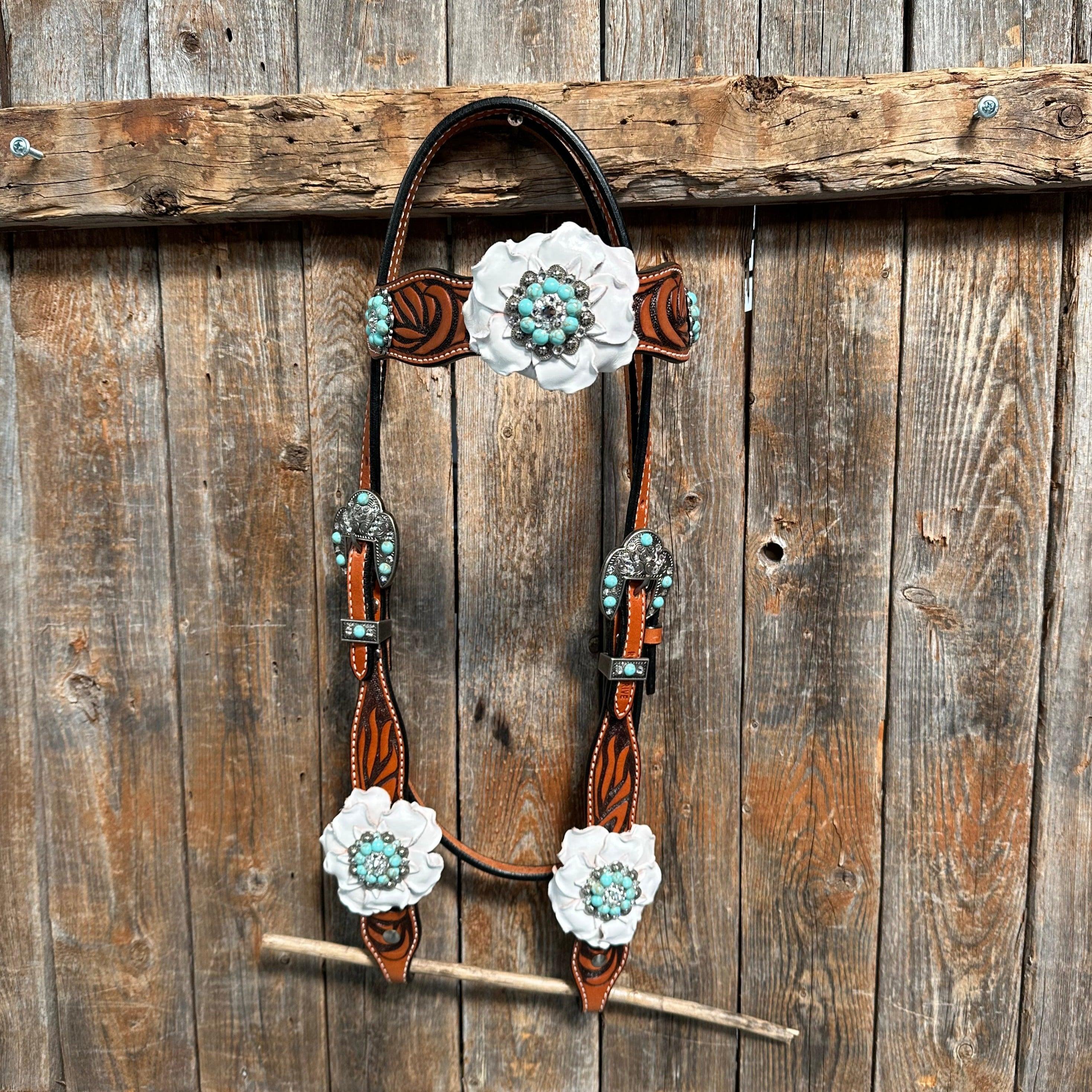 Zebra Turquoise and White Browband / Breastcollar #BBBC536 - RODEO DRIVE