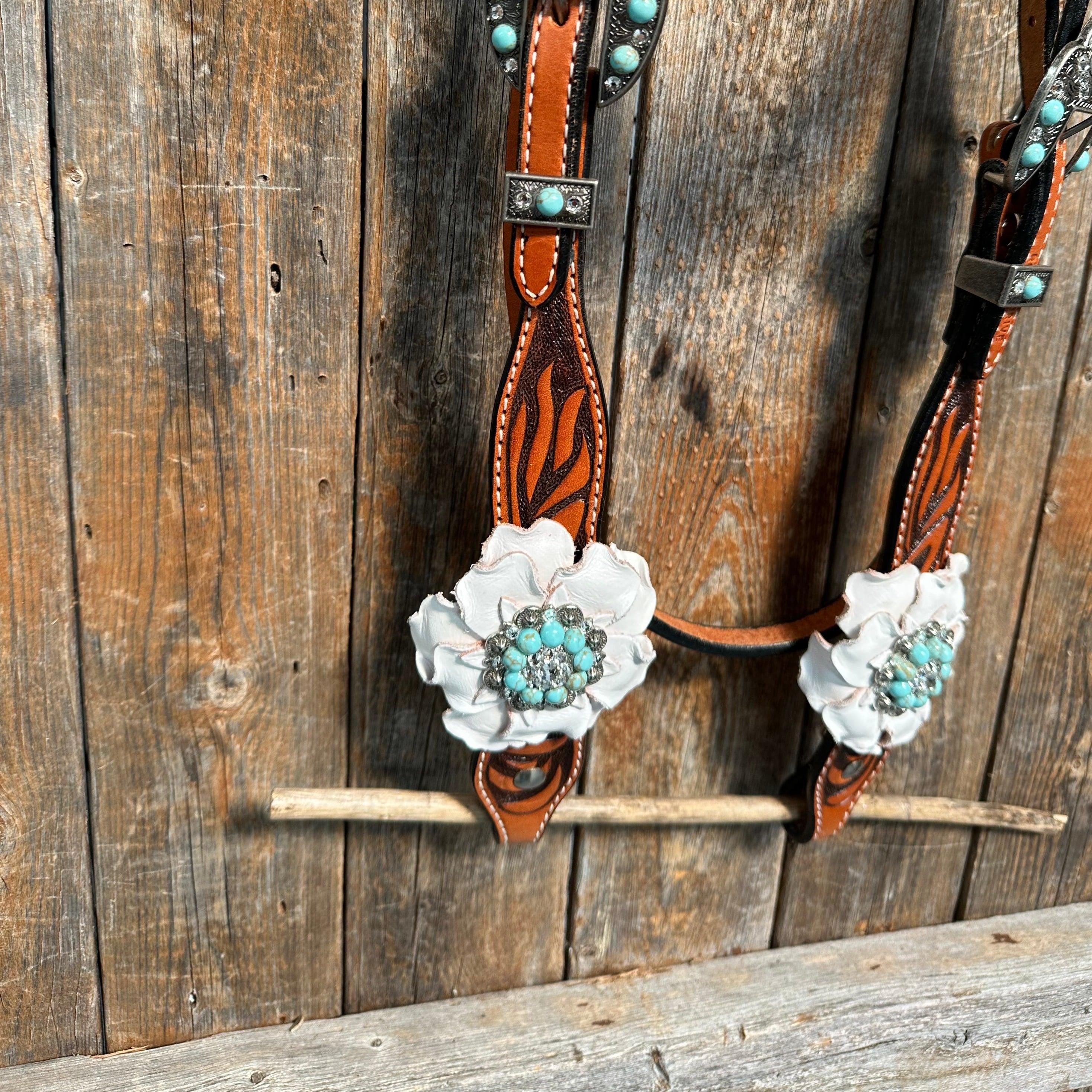 Zebra Turquoise and White Browband / Breastcollar #BBBC536 - RODEO DRIVE