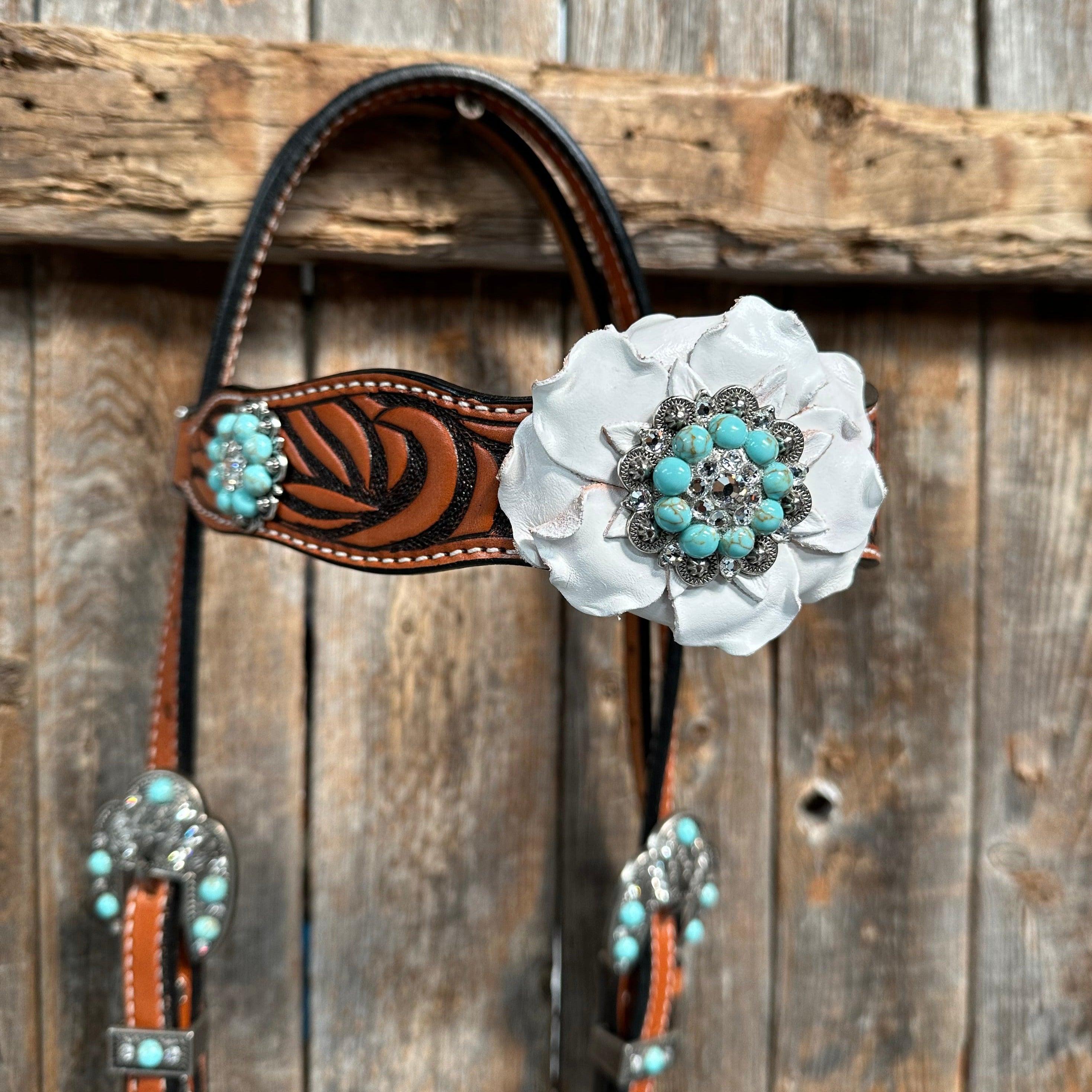 Zebra Turquoise and White Browband / Breastcollar #BBBC536 - RODEO DRIVE