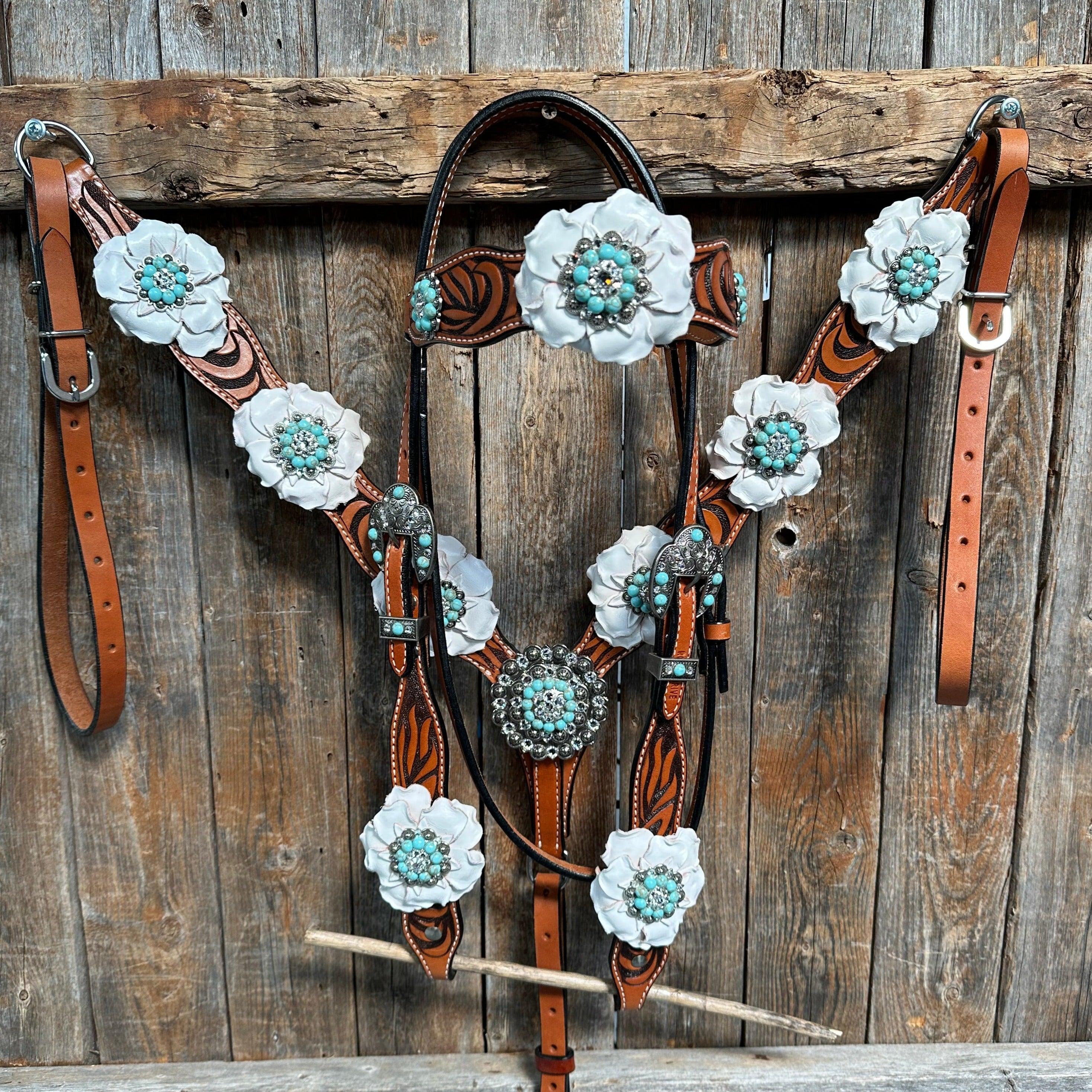 Zebra Turquoise and White Browband / Breastcollar #BBBC536 - RODEO DRIVE