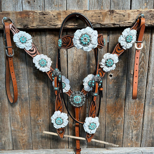 Zebra Turquoise and White Browband / Breastcollar #BBBC536 - RODEO DRIVE