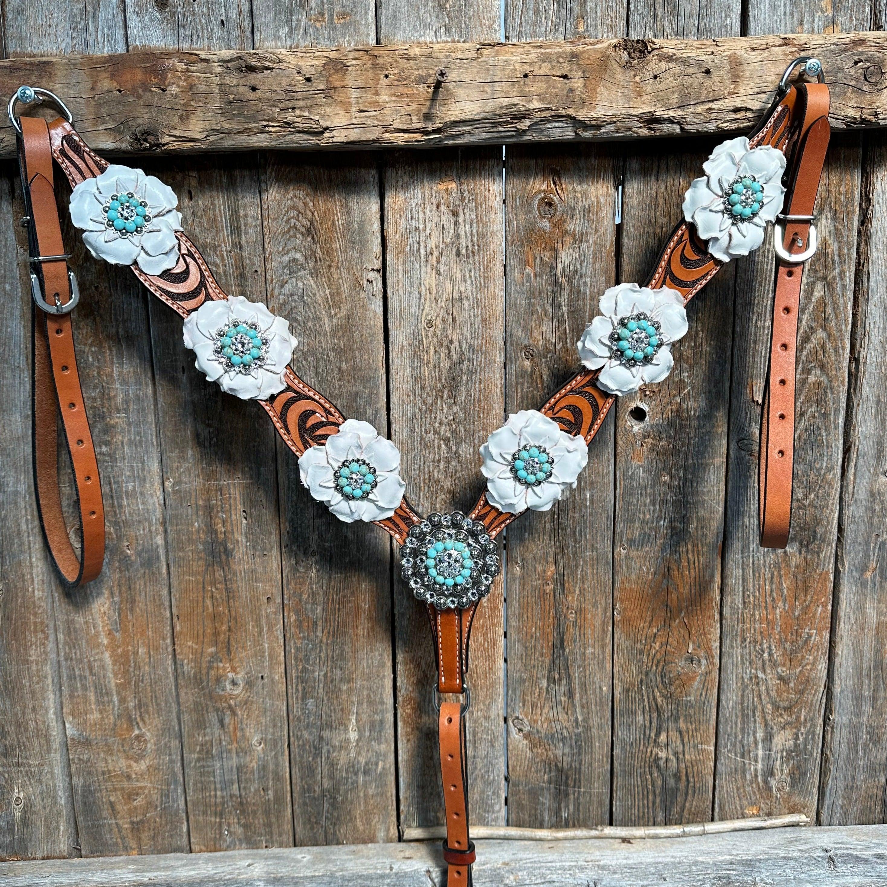 Zebra Turquoise and White Browband / Breastcollar #BBBC536 - RODEO DRIVE
