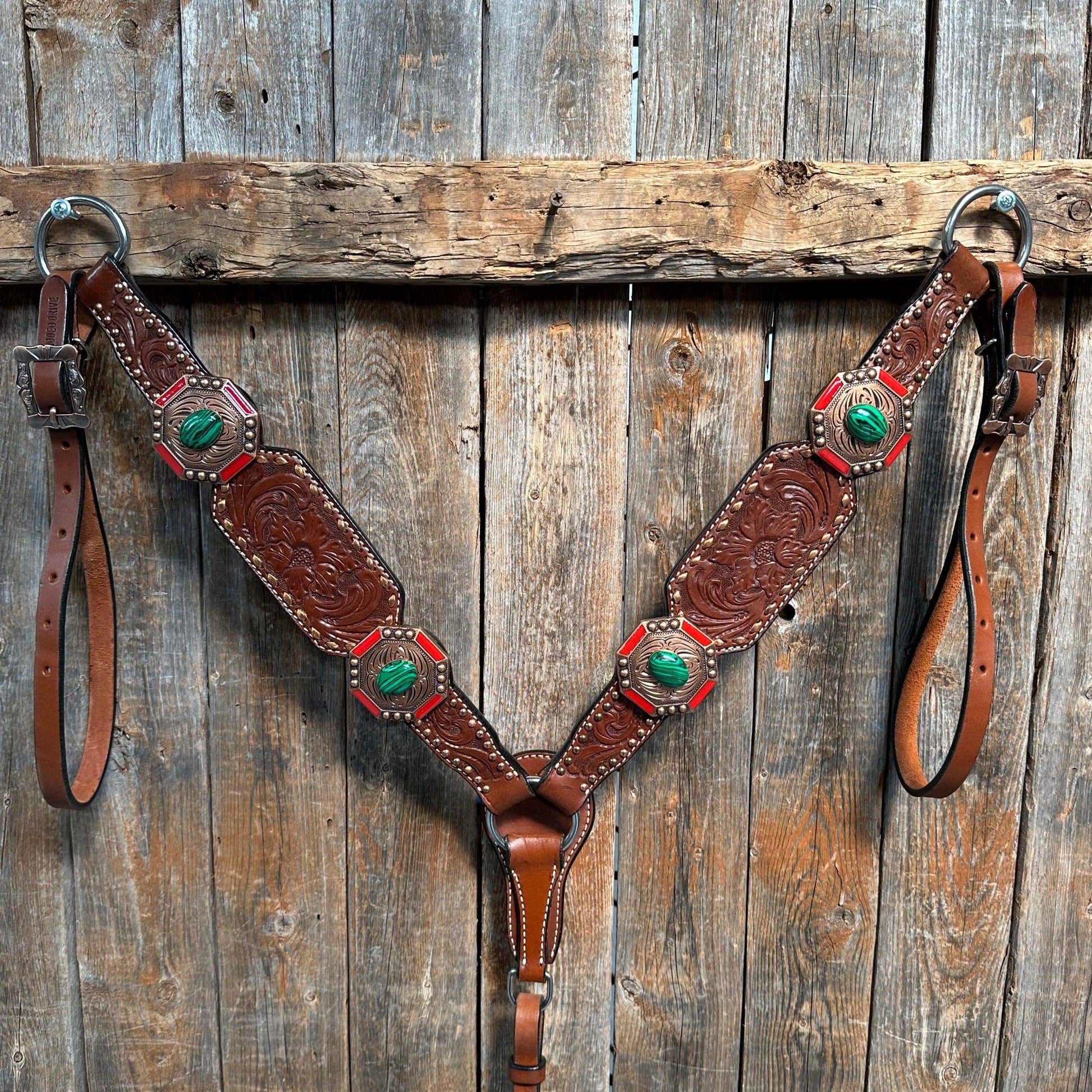 Copper Dot and Buckstitch Green and Coral Browband / One Ear Tack Set #BBBC527 - RODEO DRIVE