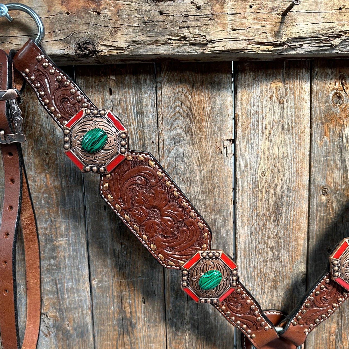 Copper Dot and Buckstitch Green and Coral Browband / One Ear Tack Set #BBBC527 - RODEO DRIVE