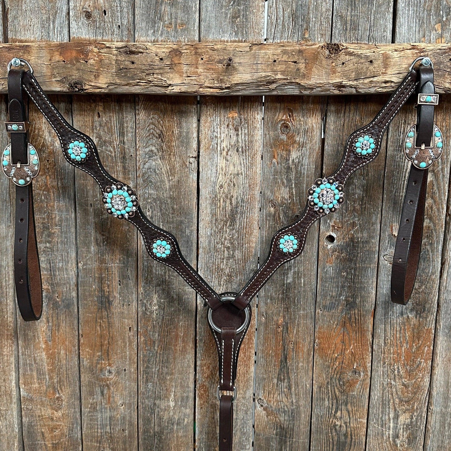 Dark Oil Basketweave Turquoise and Clear Browband/One Ear Tack Set #BBBC530 - RODEO DRIVE