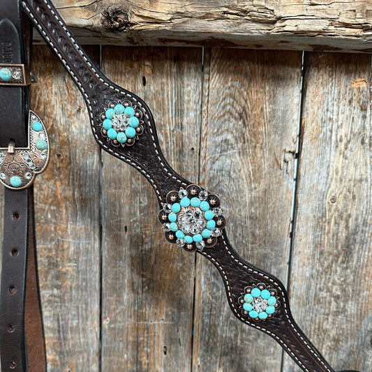 Dark Oil Basketweave Turquoise and Clear Browband/One Ear Tack Set #BBBC530 - RODEO DRIVE