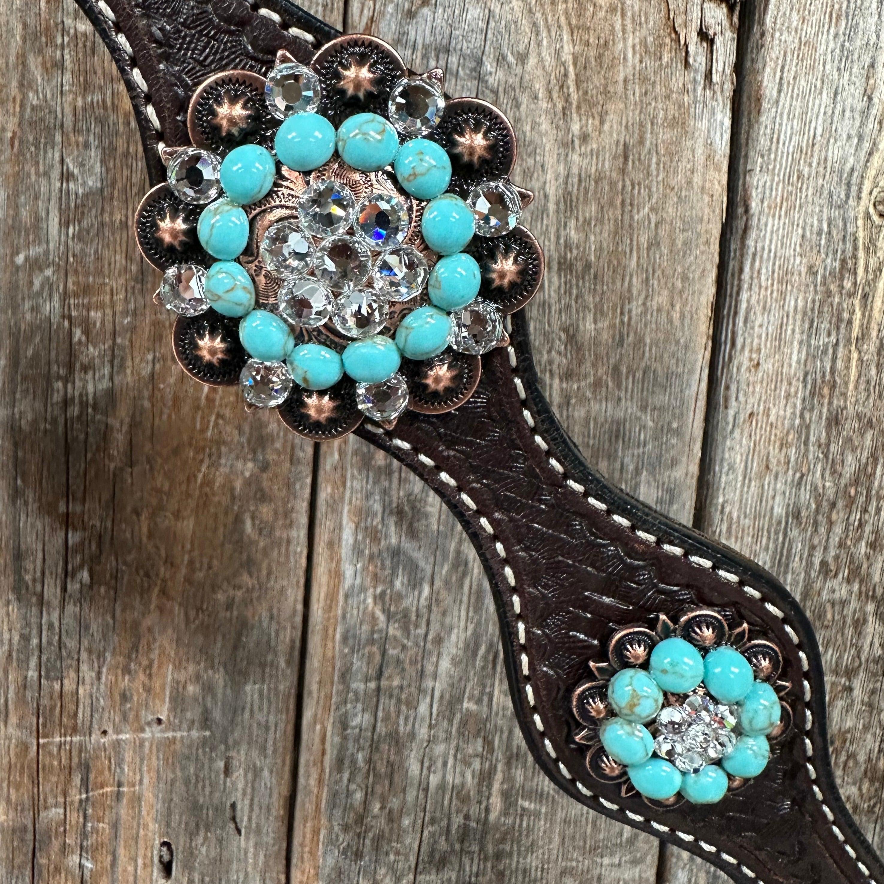 Dark Oil Basketweave Turquoise and Clear Browband/One Ear Tack Set #BBBC530 - RODEO DRIVE