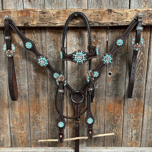 Dark Oil Basketweave Turquoise and Clear Browband/One Ear Tack Set #BBBC530 - RODEO DRIVE
