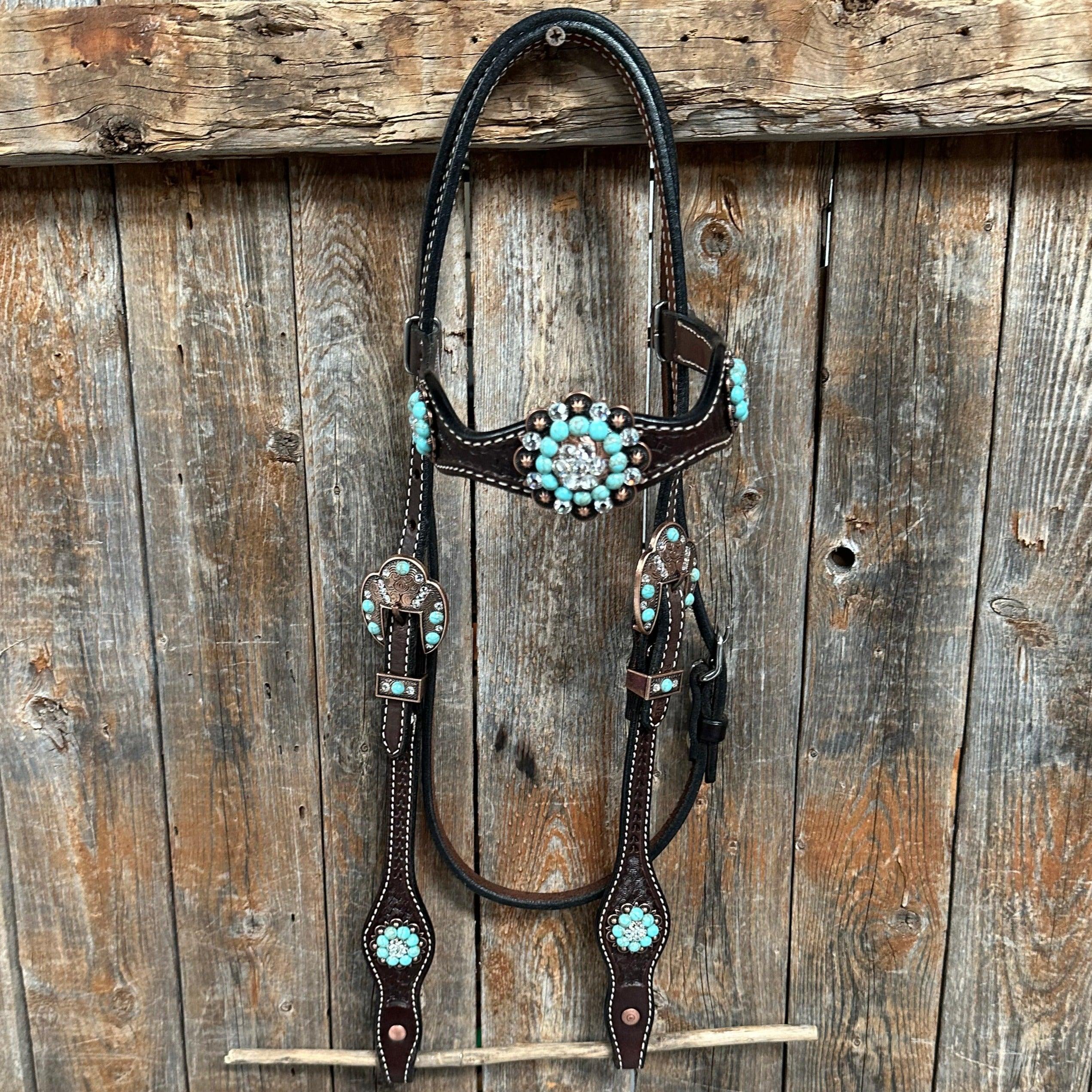 Dark Oil Basketweave Turquoise and Clear Browband/One Ear Tack Set #BBBC530 - RODEO DRIVE