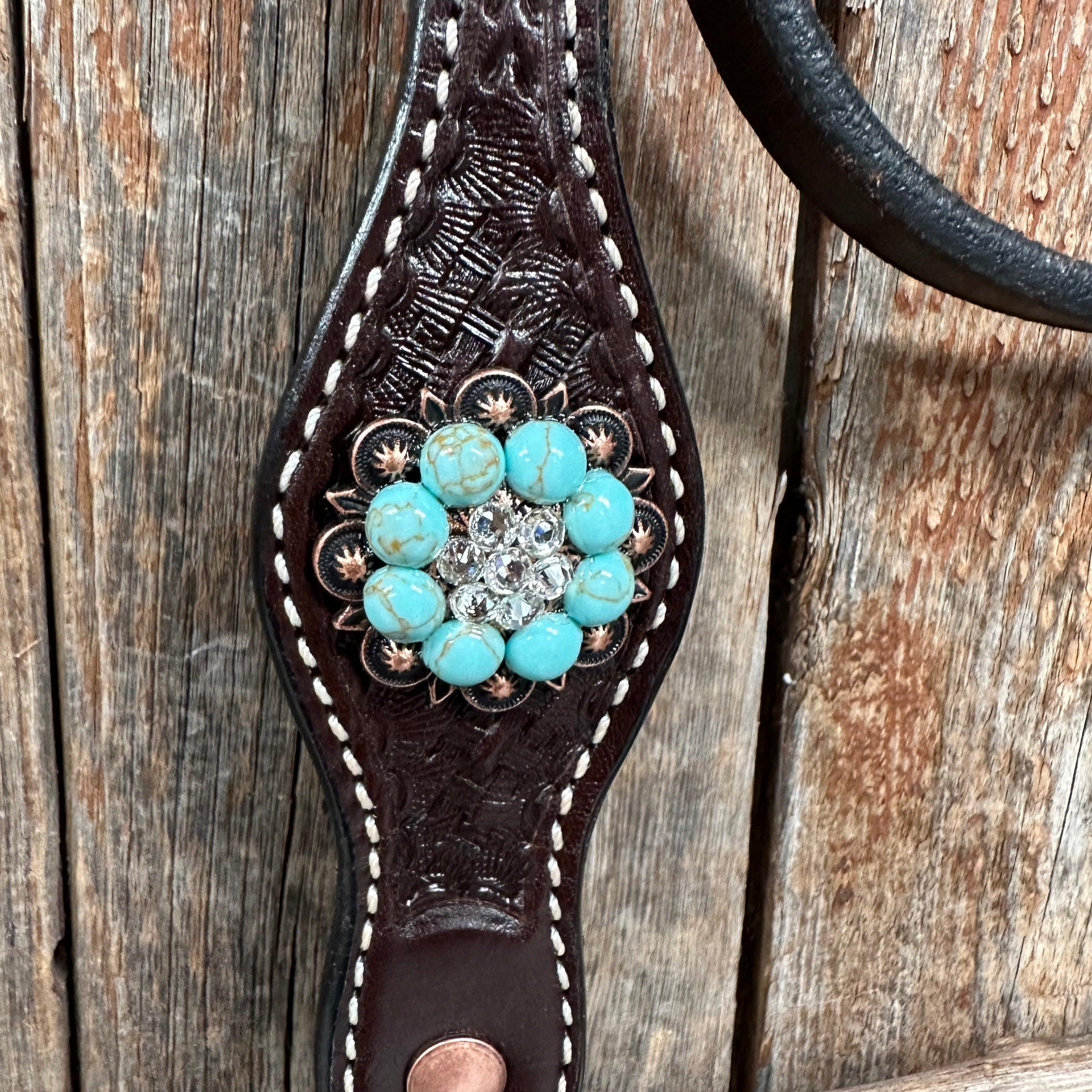 Dark Oil Basketweave Turquoise and Clear Browband/One Ear Tack Set #BBBC530 - RODEO DRIVE