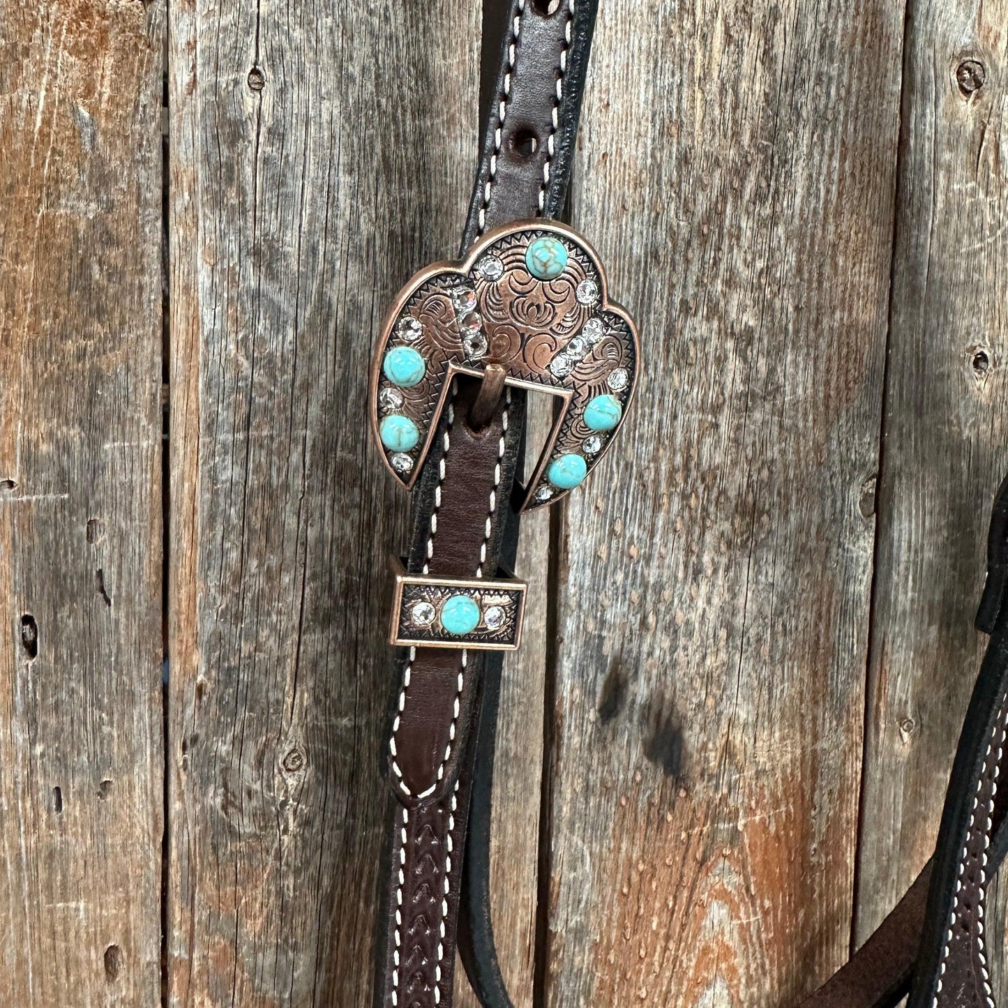 Dark Oil Basketweave Turquoise and Clear Browband/One Ear Tack Set #BBBC530 - RODEO DRIVE