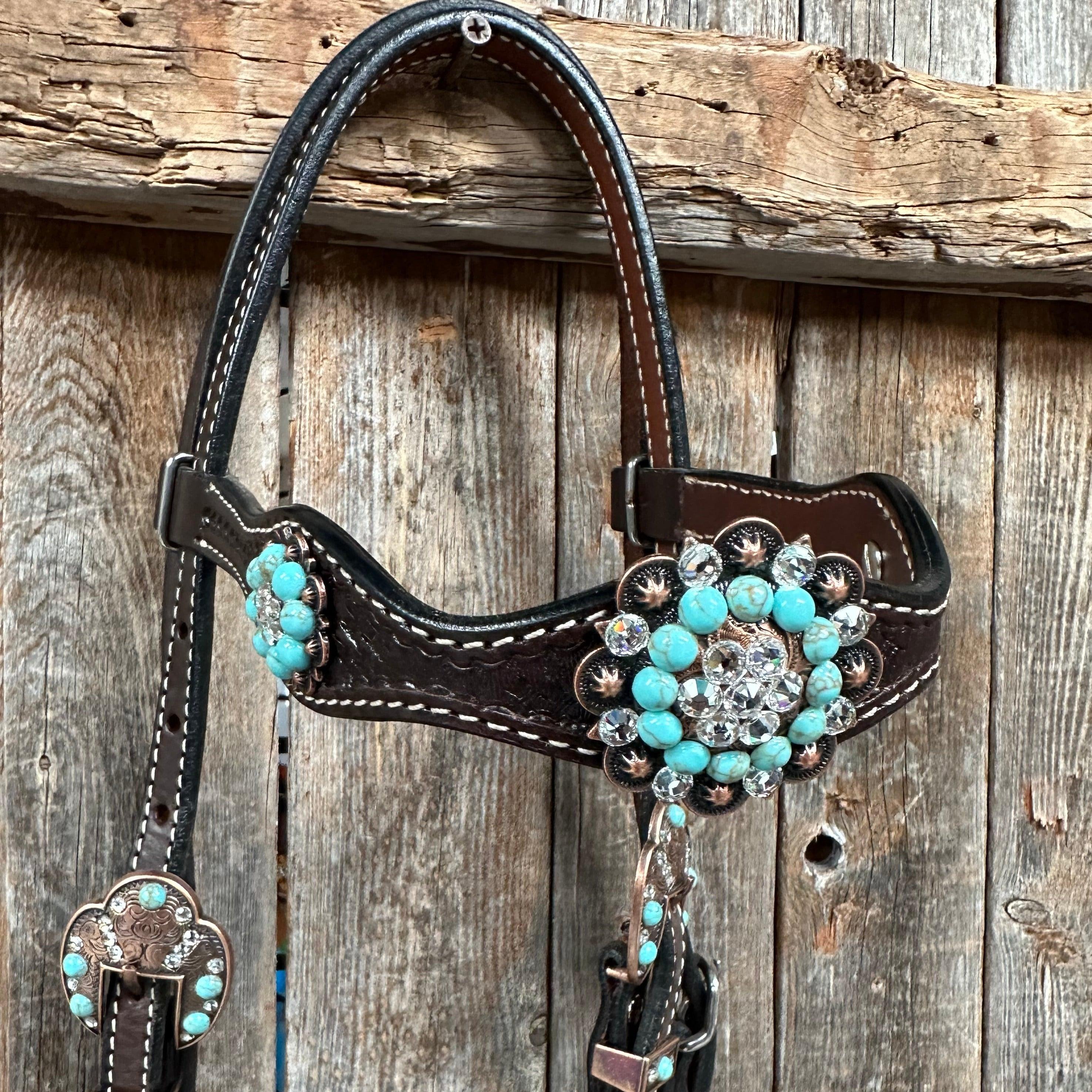 Dark Oil Basketweave Turquoise and Clear Browband/One Ear Tack Set #BBBC530 - RODEO DRIVE