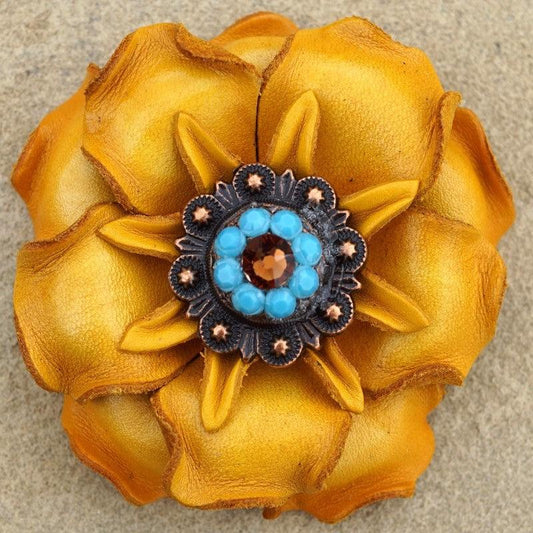 Yellow Gardenia Flower With Copper Topaz & Turquoise 1" Concho - RODEO DRIVE
