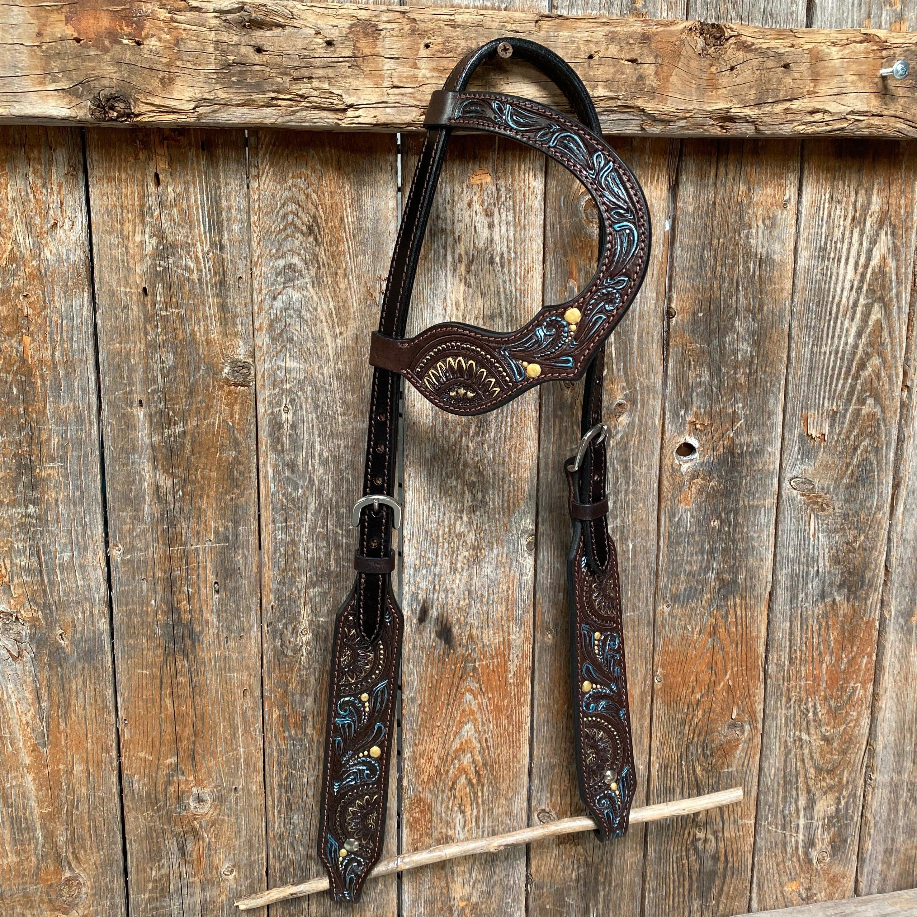 Dark Oil Floral Hand Painted One Ear Headstall / Bridle #FK107 - RODEO DRIVE