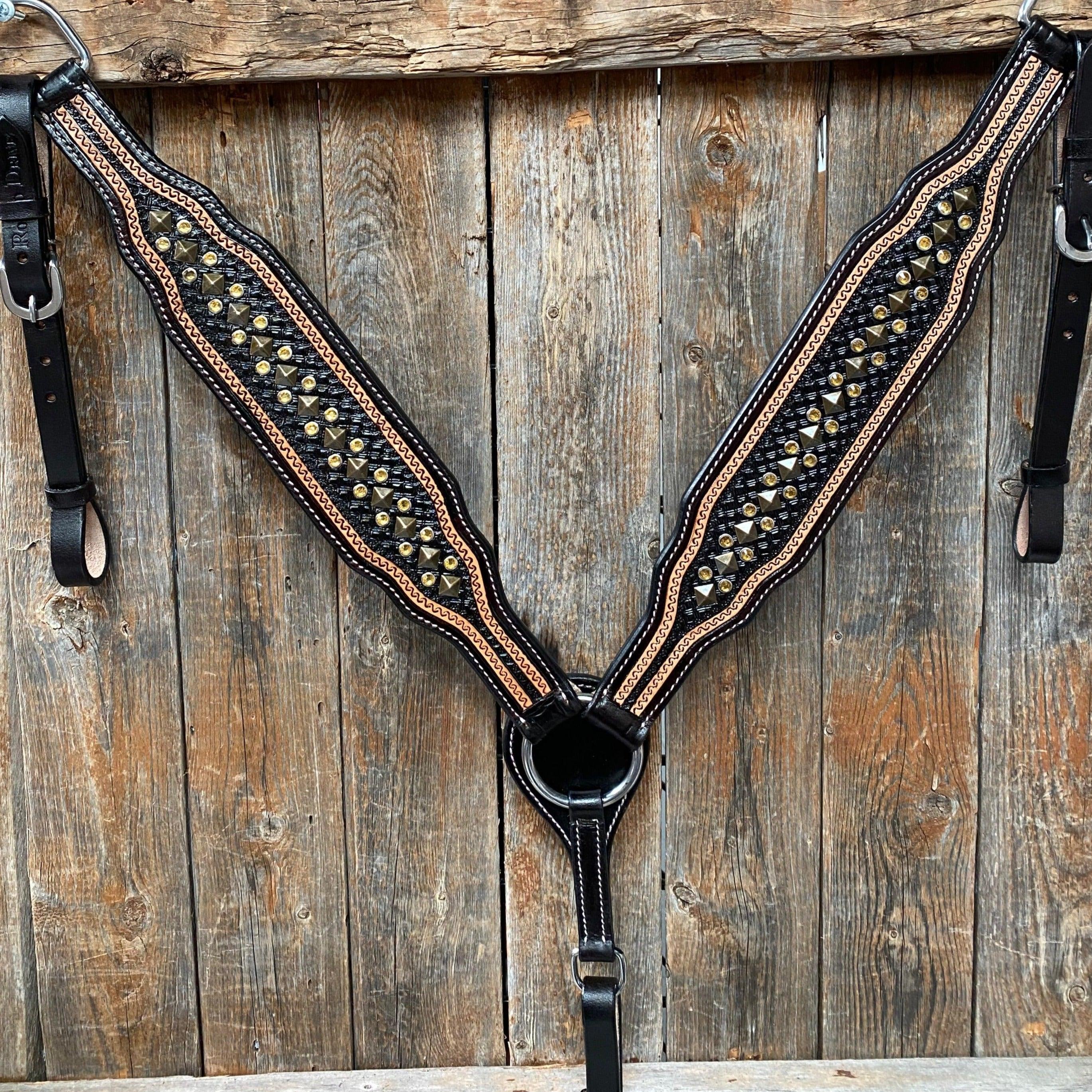 Two Tone Leather - Brass Studded Breastcollar #FK118 - RODEO DRIVE