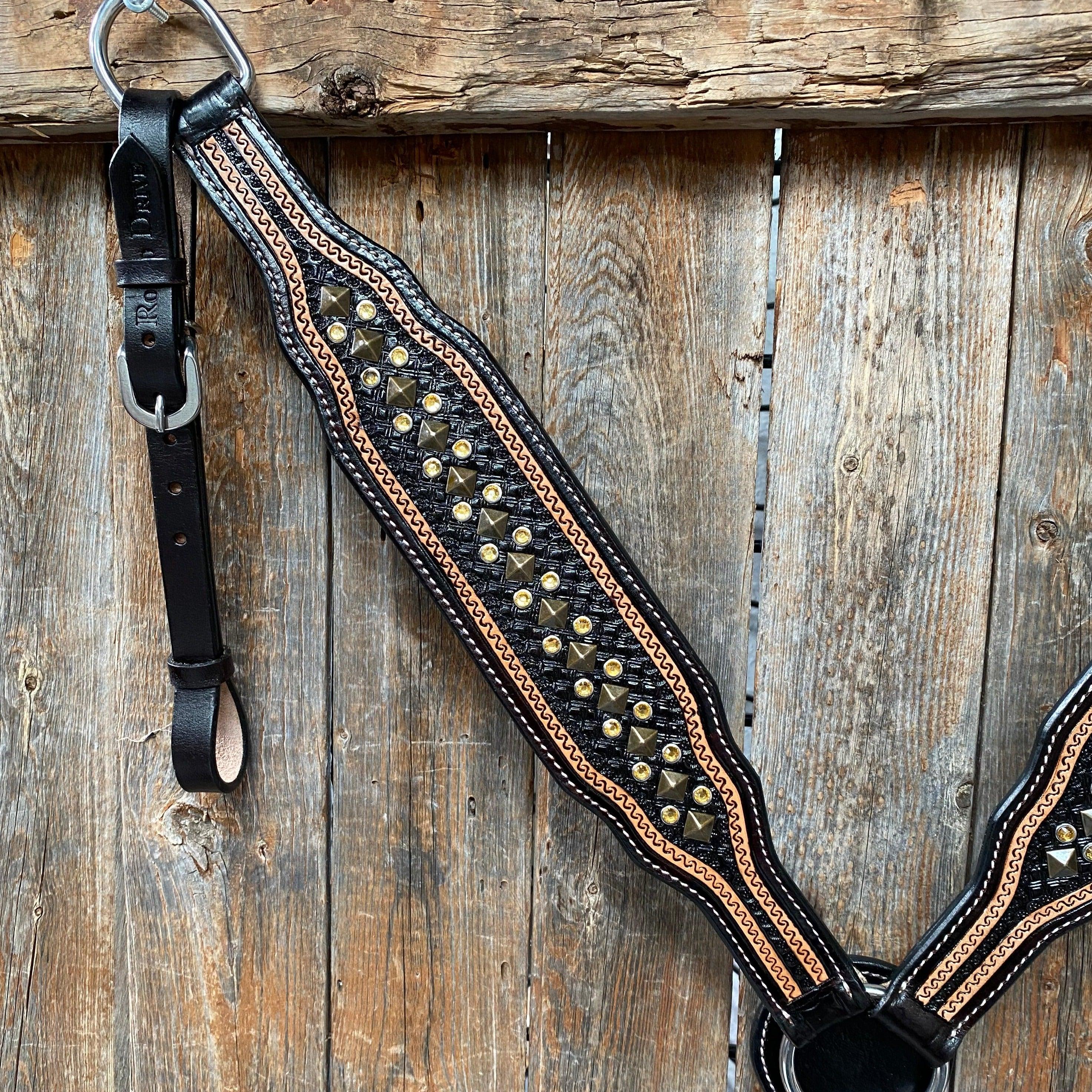 Two Tone Leather - Brass Studded Breastcollar #FK118 - RODEO DRIVE