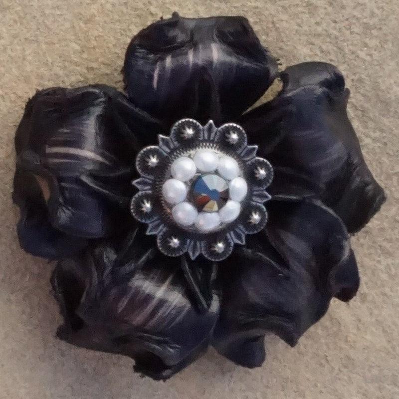 Black Gardenia Flower With Antique Silver Jet and Pearl 1" Concho - RODEO DRIVE