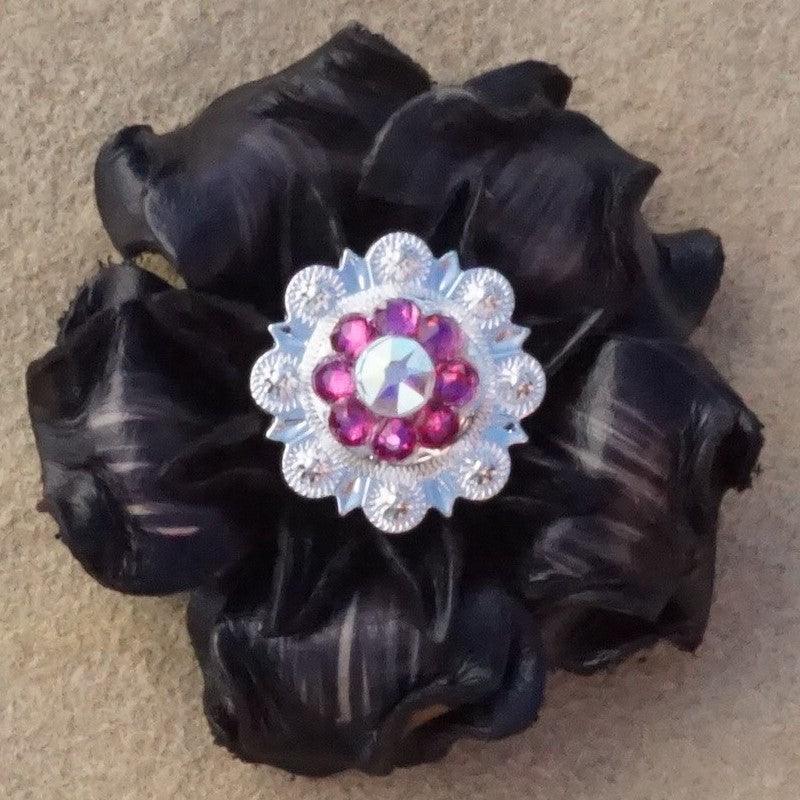 Black Gardenia Flower With Bright Silver Fuchsia and AB 1" Concho - RODEO DRIVE