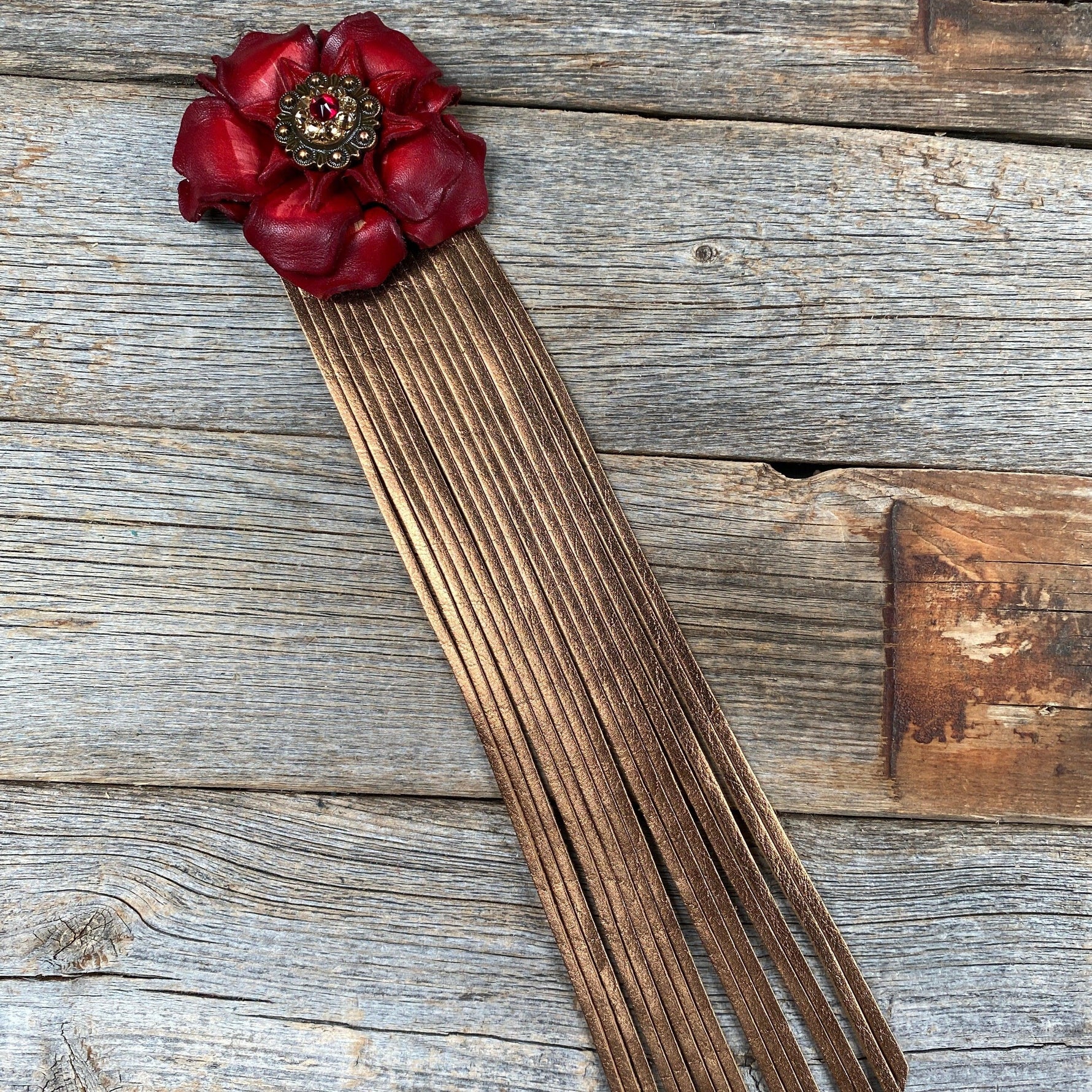 Leather Red Gardenia with Copper Fringe - RODEO DRIVE