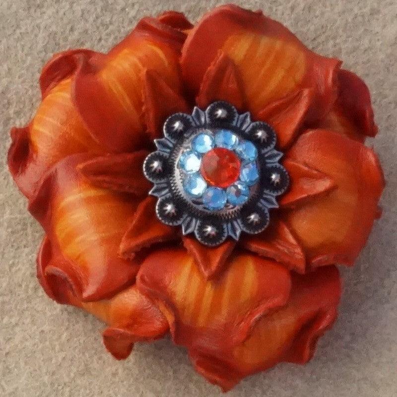Orange Gardenia Flower With Antique Silver Fire Opal and Aqua 1" Concho - RODEO DRIVE