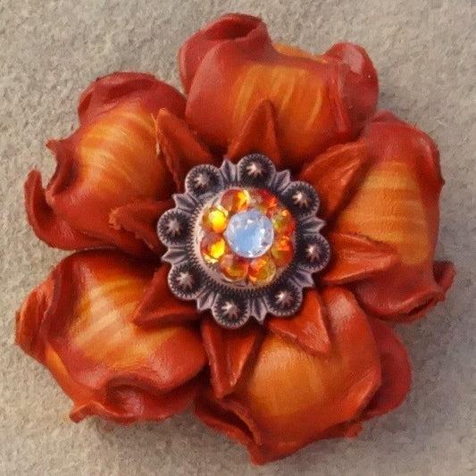 Orange Gardenia Flower With Copper Fire Opal and Clear 1" Concho - RODEO DRIVE