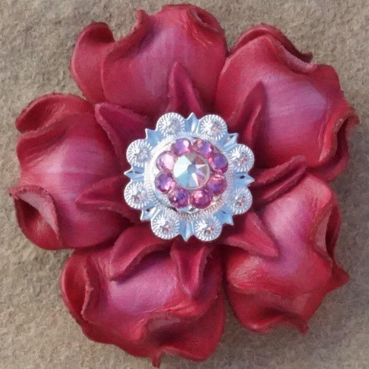 Pink Gardenia Flower With Bright Silver Pink and AB 1" Concho - RODEO DRIVE