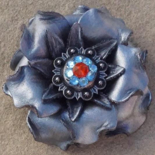 Silver Gardenia Flower With Antique Silver Fire Opal and Aqua 1" Concho - RODEO DRIVE