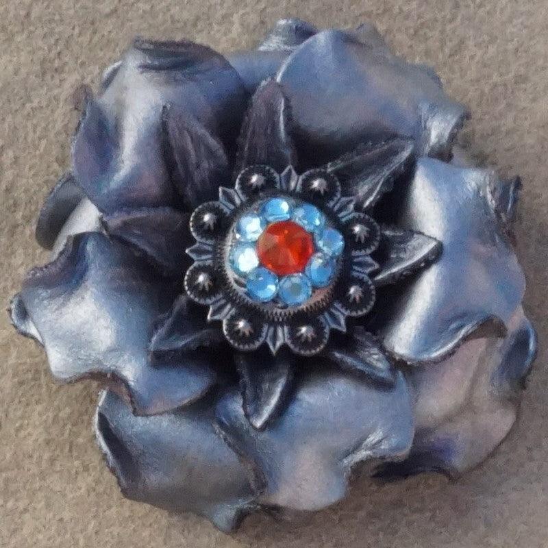 Silver Gardenia Flower With Antique Silver Fire Opal and Aqua 1" Concho - RODEO DRIVE