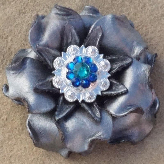 Silver Gardenia Flower With Bright Silver Teal and Capri 1" Concho - RODEO DRIVE