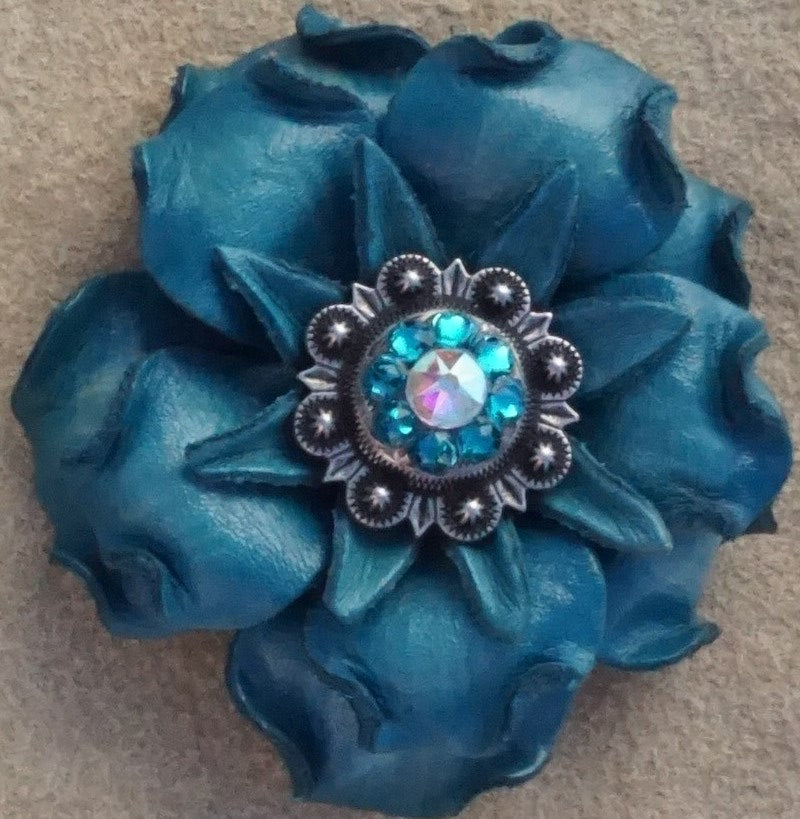 Turquoise Gardenia Flower With Antique Silver Teal & AB 1" Concho - RODEO DRIVE